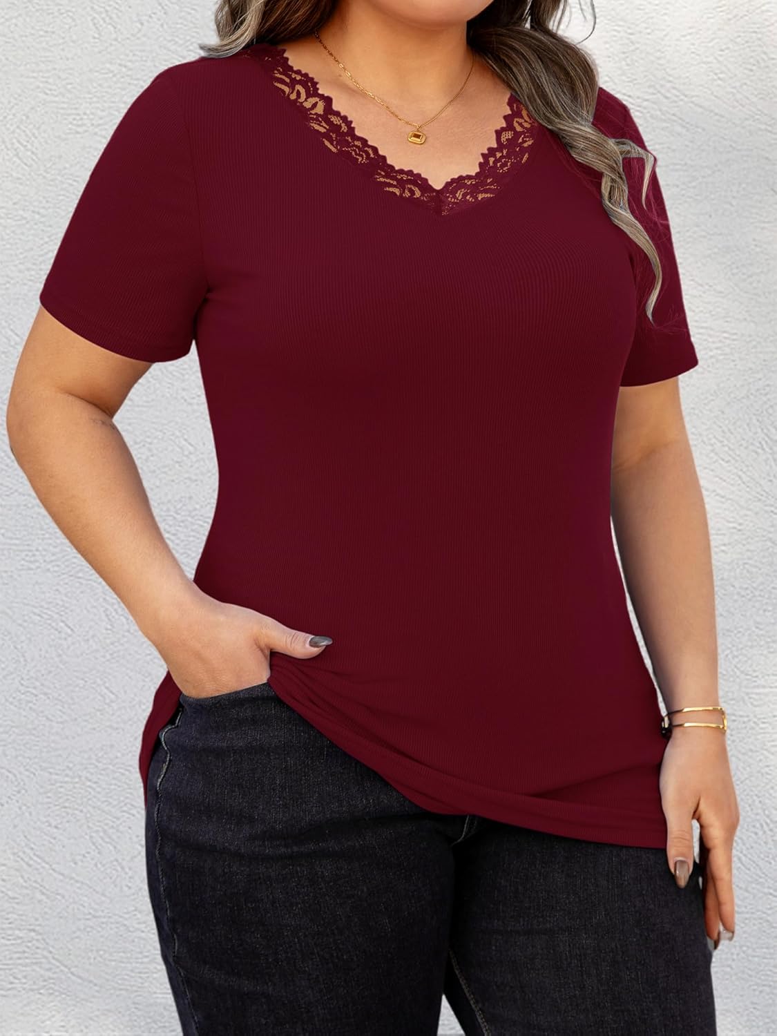 Chulianyouhuo Women's Plus Size Short Sleeve Tops Summer Lace V Neck Ribbed Knit Shirts Slim Fitted Casual Basic Tee Blouses - Image 3