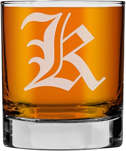 Spotted Dog Company Monograma grabado de 11 oz Rocks Old Fashioned Lowball Vaso para whisky Scotch Bourbon (letra K)