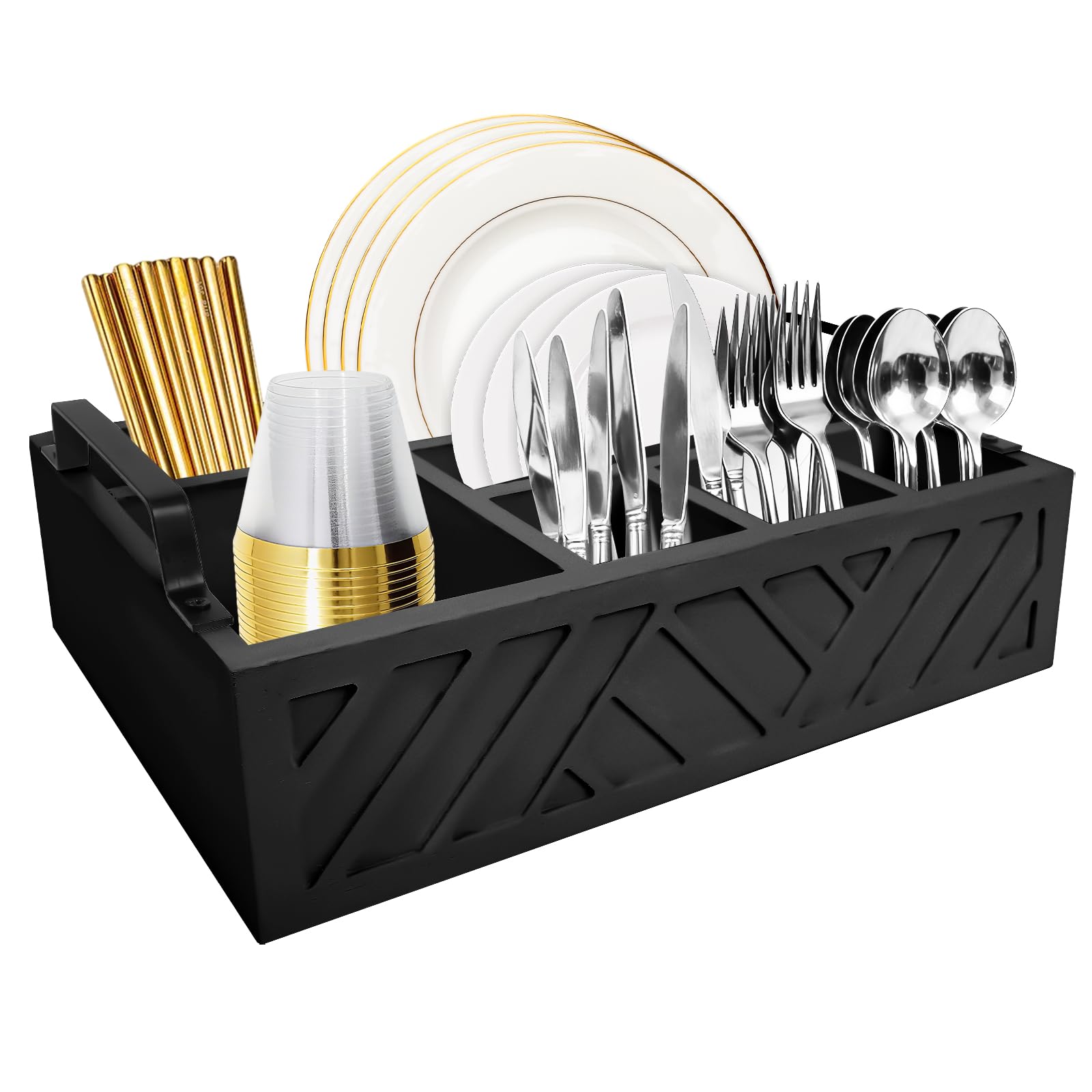 Caddy - Set di 6 scomparti per banconi in legno, 29,7 x 20,1 x 9,5 cm, multifunzione, per piatti di carta, organizer rustico, accessorio per il bar, porta utensili caddy (nero)