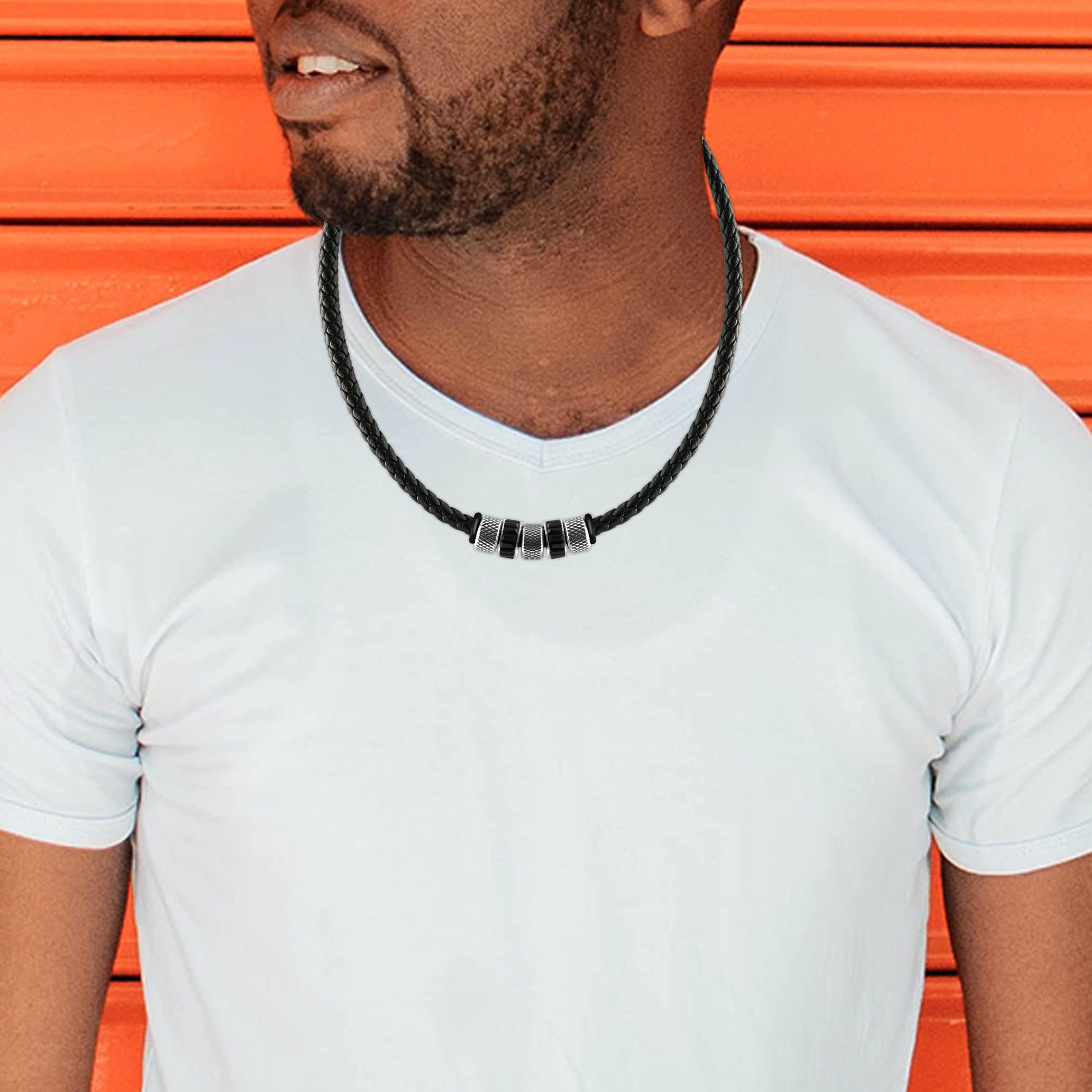 Collar de cuero, cadena colgante collares, Negro cordón, Acero inoxidable, Estuche de Regalo de Joyería, para hombre
