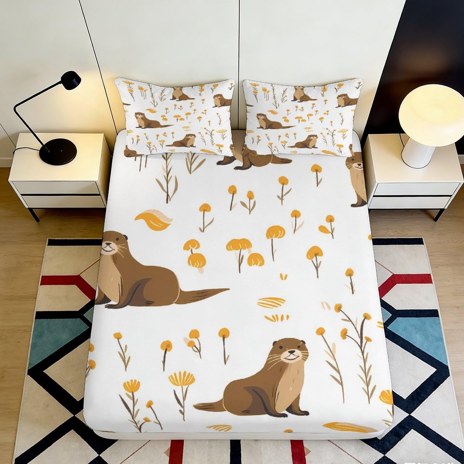 3D Printed Otter Flower Fitted Sheet Microfiber Anti-Slip Mattress Cover for Bedroom Guest Room Dorm Easy Care 140x200x25cm