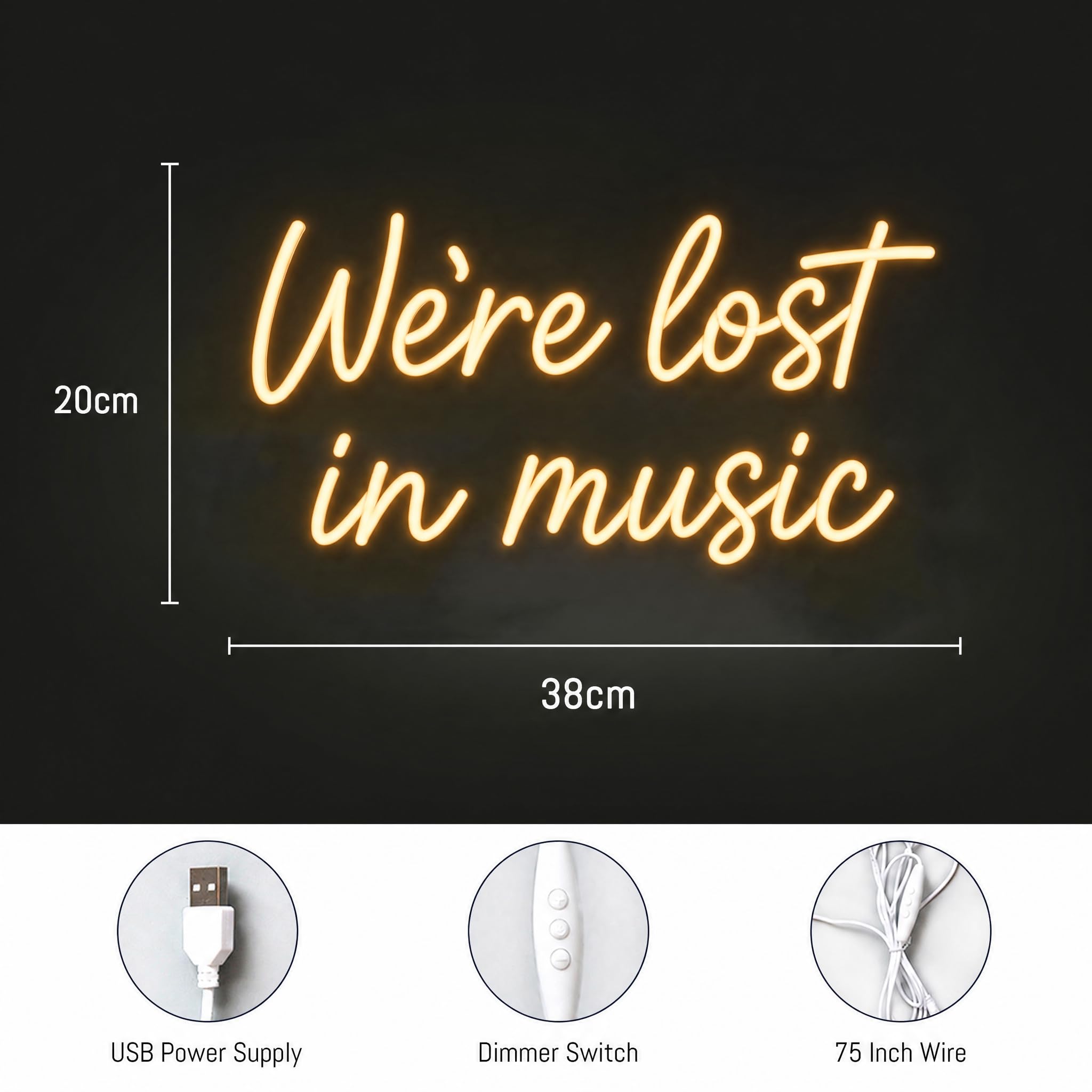We're Lost In Music Insegna al neon dimmerabile bianco caldo LED neon lampada da parete alimentata USB segno luminoso per studio musicale, camera da letto, bar, sala registrazione, decorazione da