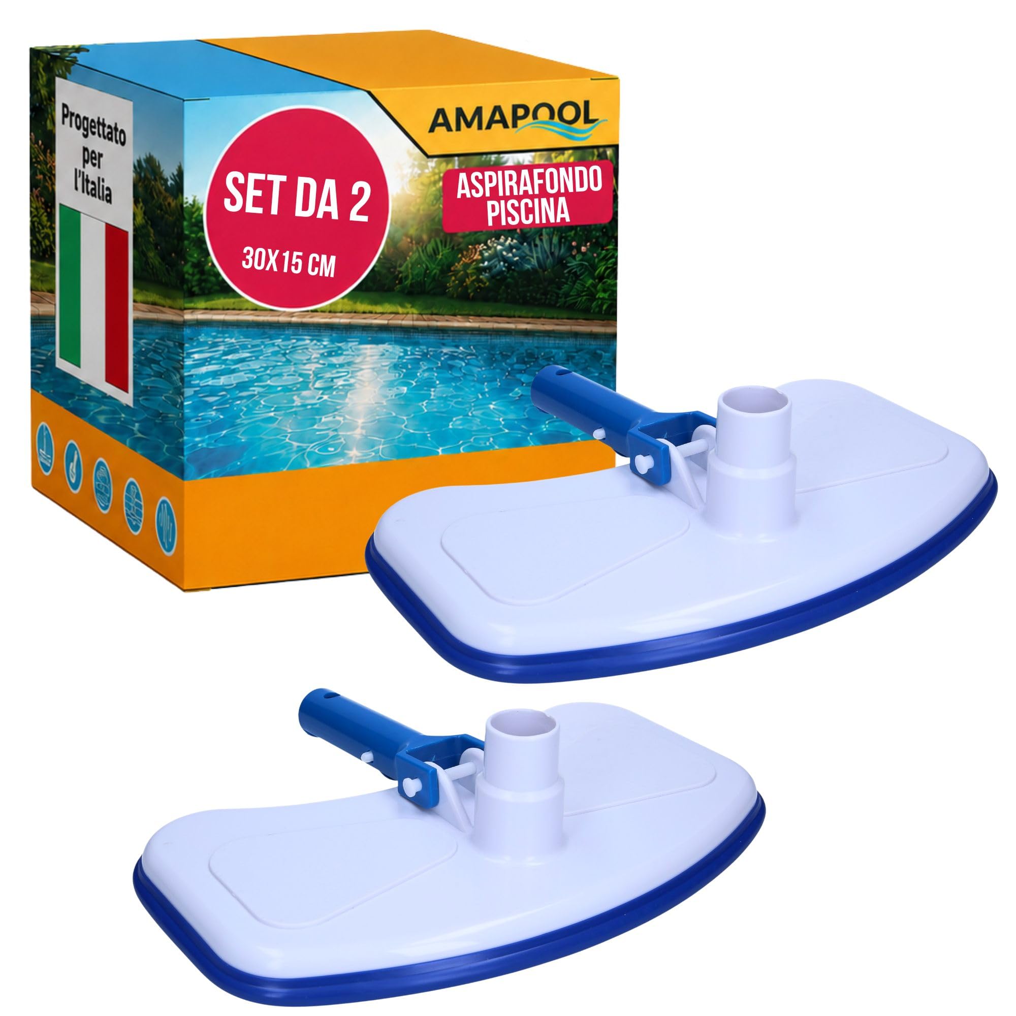 Amapool Basics Set 2 Pezzi Aspirafango per Piscina con 8 Setole | Spazzola fondo extra pesante con attacco clip-on per tubi Ø 32/38 mm e aste da 28 mm, ideale per piscine fuori terra.
