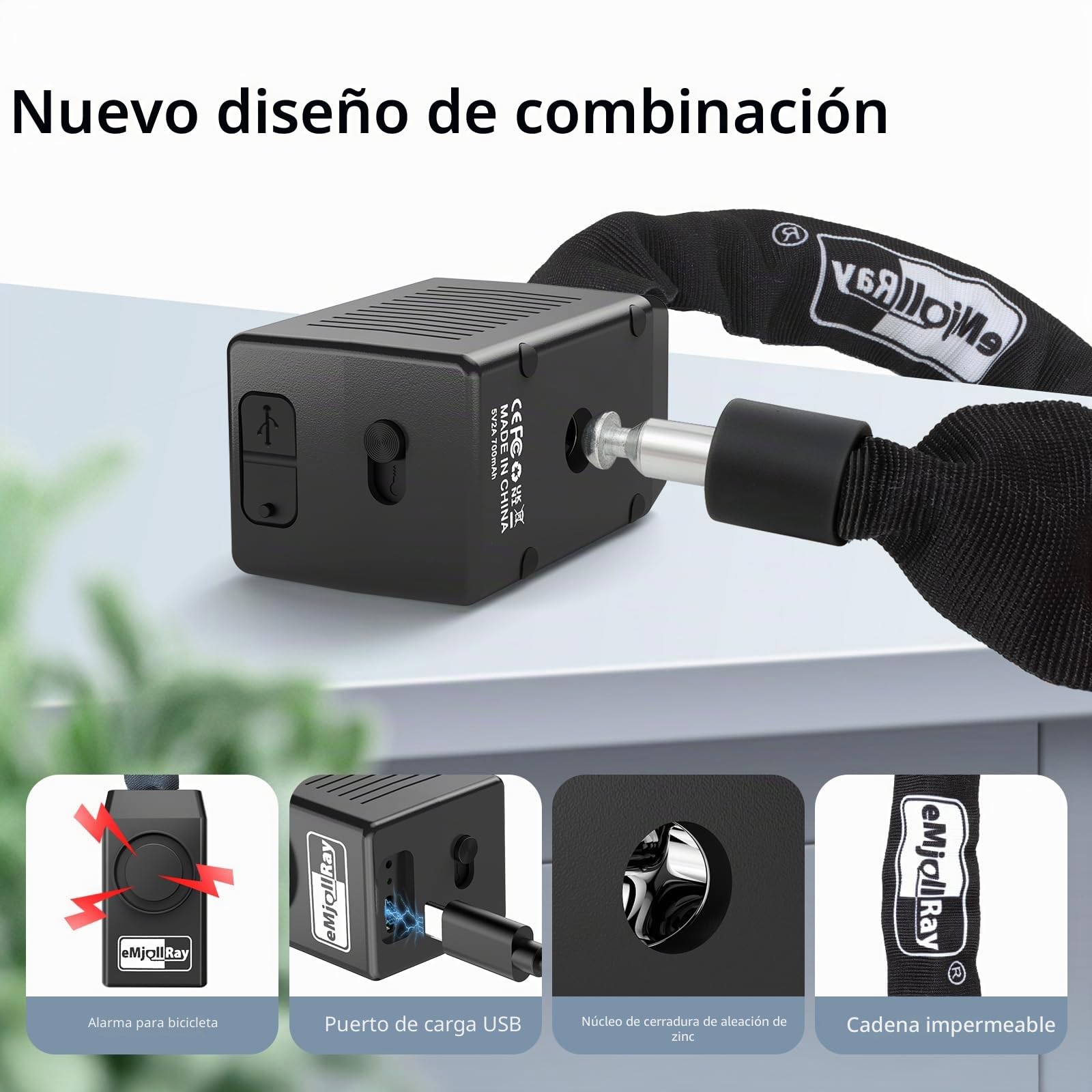 Candado de Bicicleta de 120cm con Alarma de 110dB, Candado de Cadena Antirrobo para Bicicleta Eléctrica, 8mm de Grosor, 2 Mandos a Distancia, 3 Llaves, Cable USB C