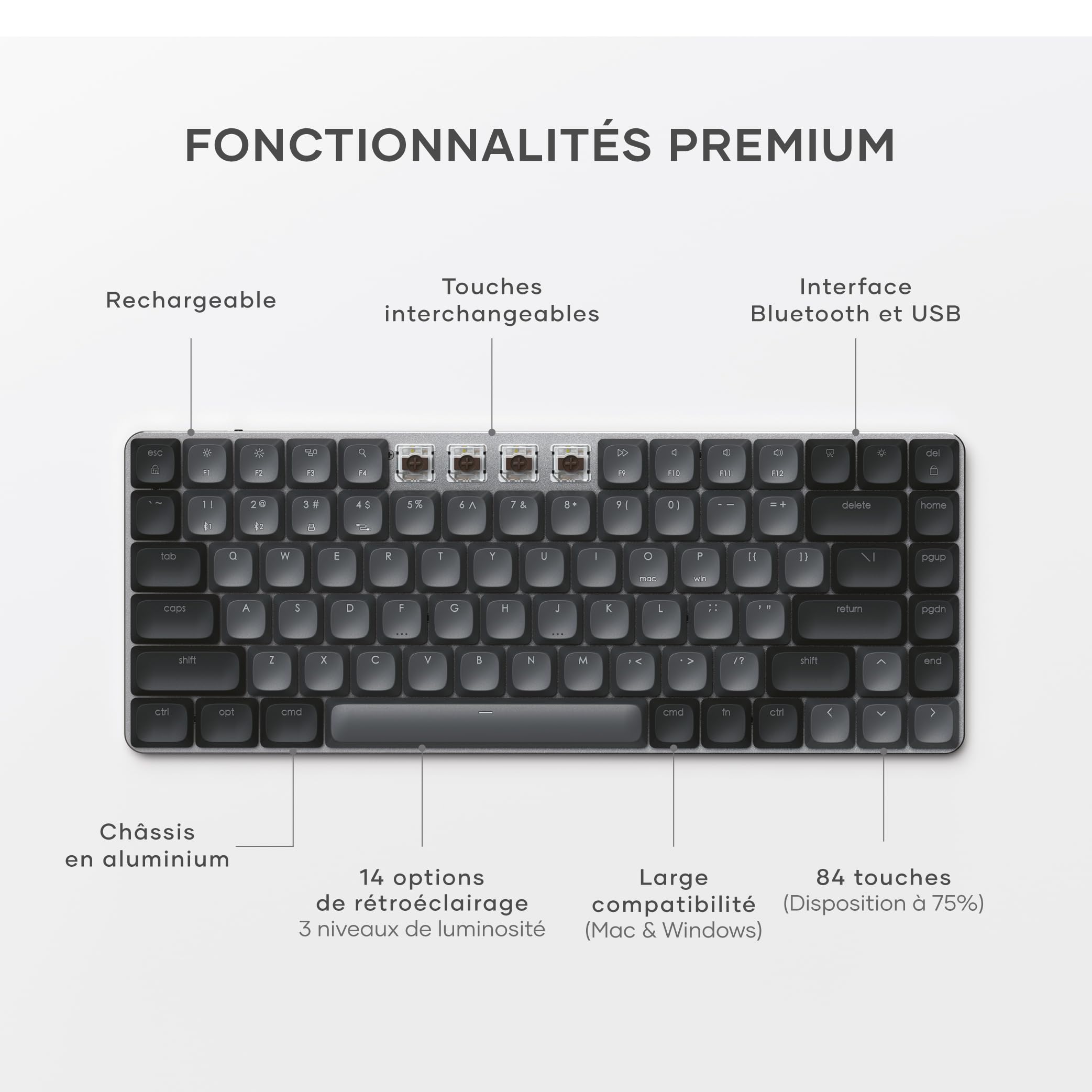 Satechi Clavier Mécanique 75% SM1 QWERTY US, Rechargeable, Gris-Noir
