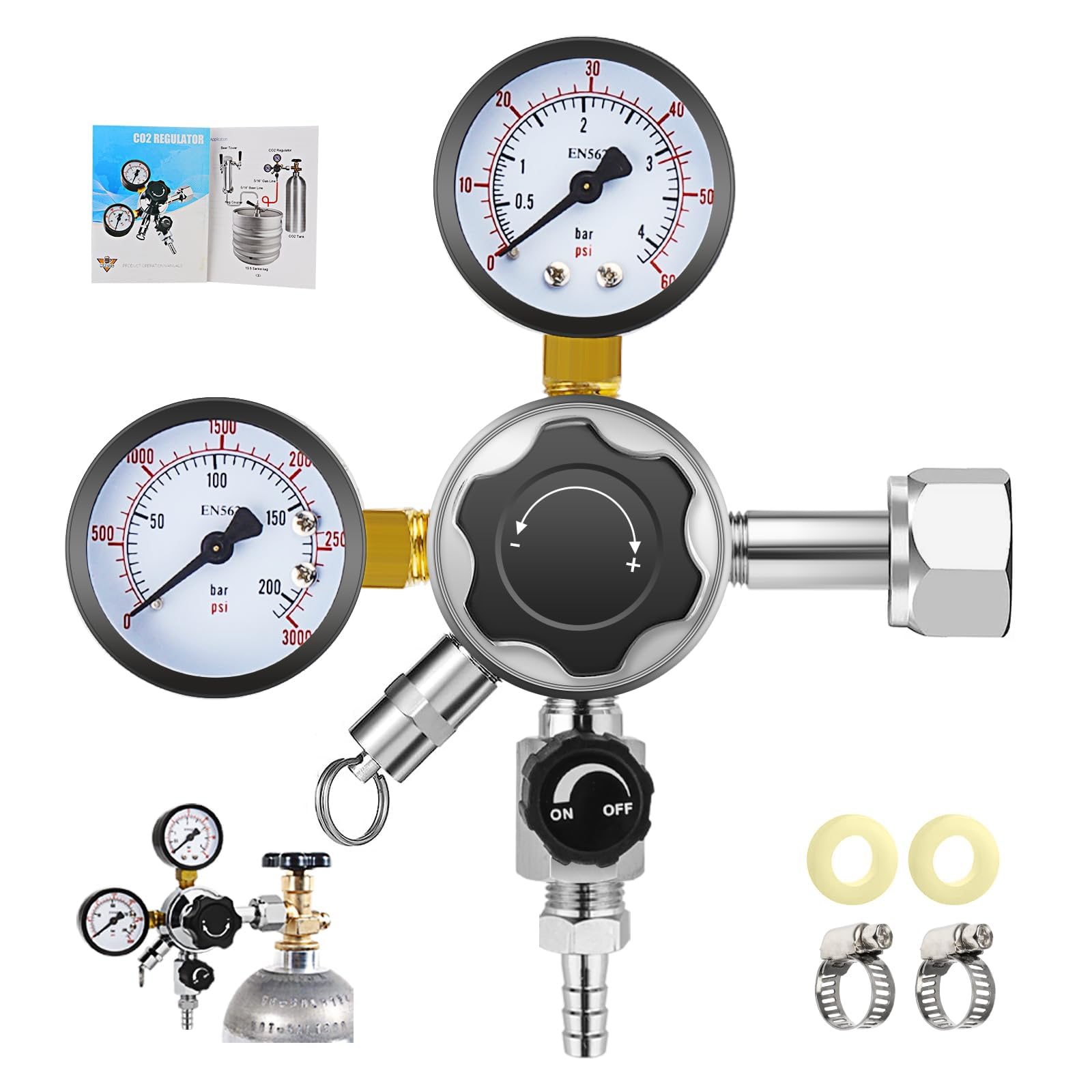 MRbrew Keg CO2 Regulator, Kegerator Regulator CGA-320, 0-60 PSI Working Pressure, 0-3000 PSI Tank Pressure, Beer Regulator, Co2 Tank Pressure Regulator with Safety Pressure Relief Valve