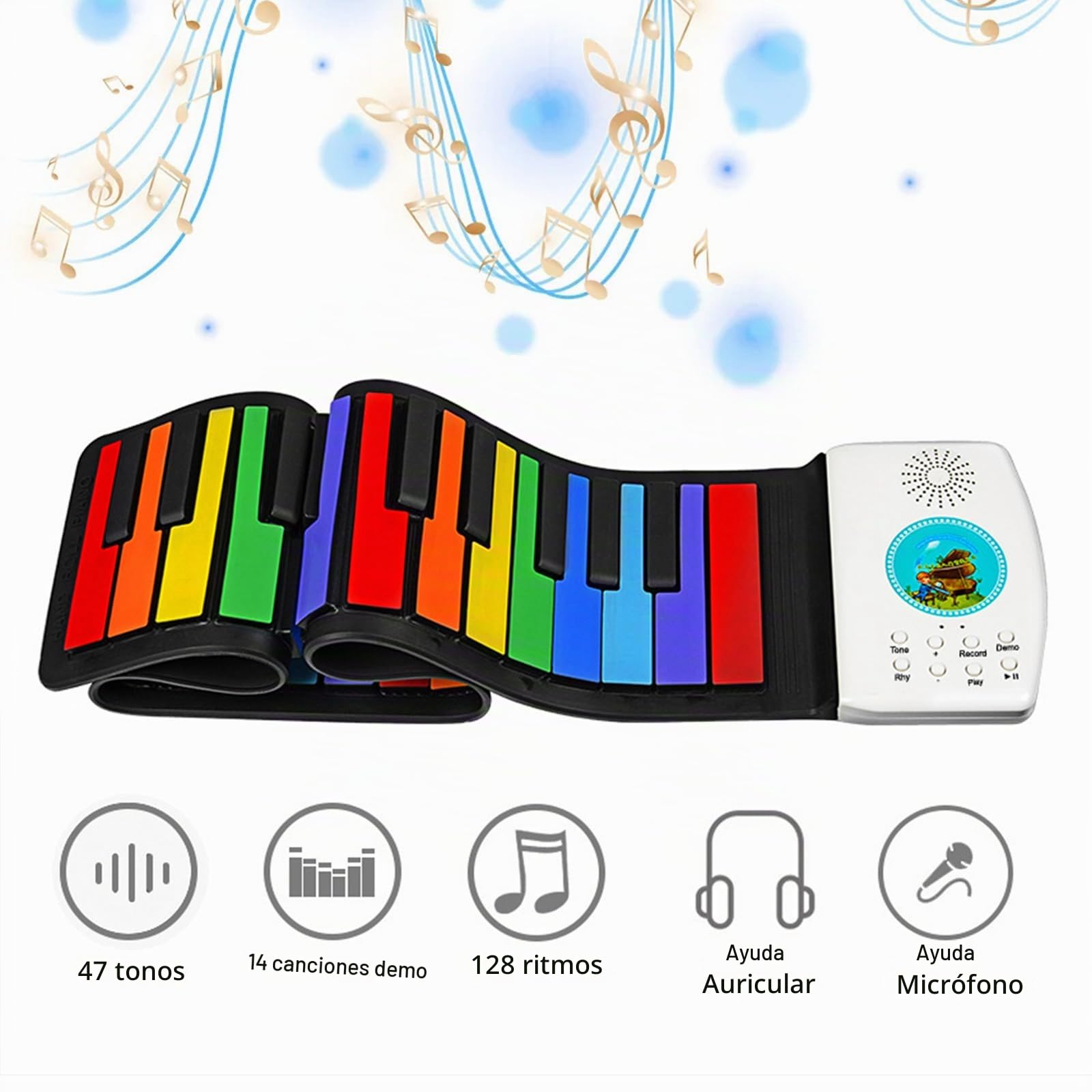 Piano de Silicona Enrollable y Portátil - 47 Teclas, 14 Canciones de Demostración Para Principiantes y Profesionales