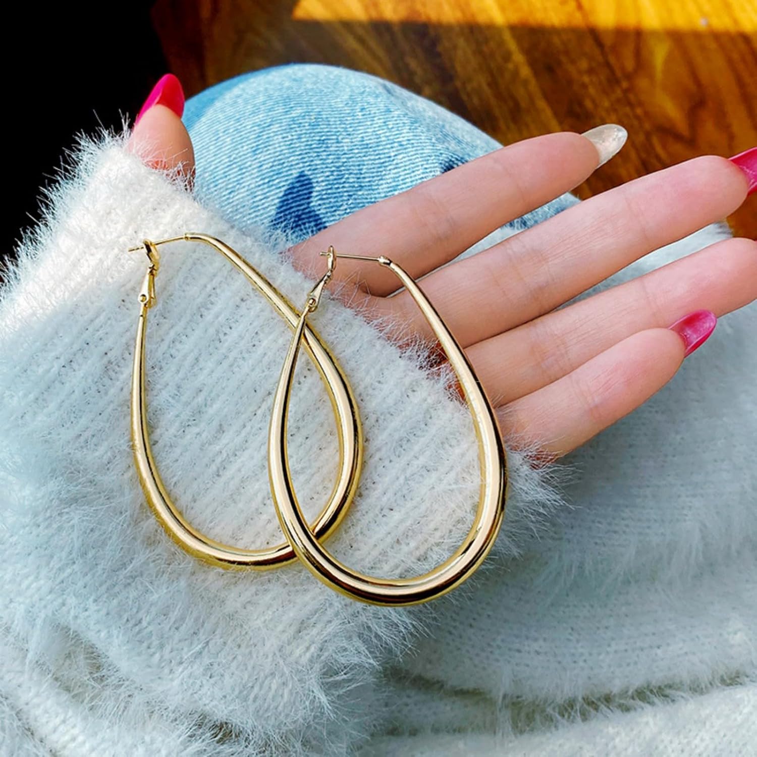 Chunky Large Oval Hoop Earrings for Women Sparkly Gold Teardrop Dangle Earrings Thick Bold Silver Hoop Drop Earrings Oval Stainless Steel Hoop Earrings Fashion Costume Jewelry Accessories - Image 4