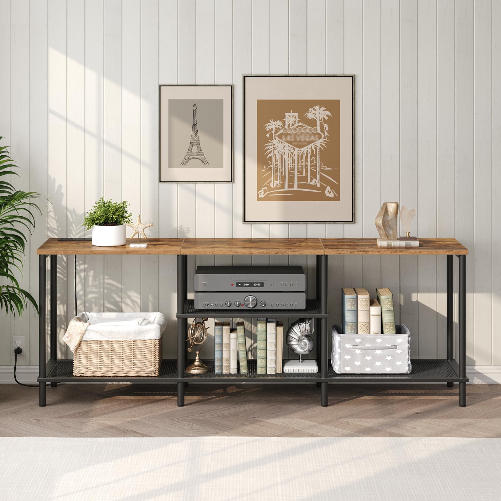 Industrial TV Stand with Charging Station for TVs up to 65-Inch, 55'' Entertainment Center with 3-Tier Storage Shelves, TV Console Table for Living Room, Metal Frame, Rustic Brown TVHR132E01