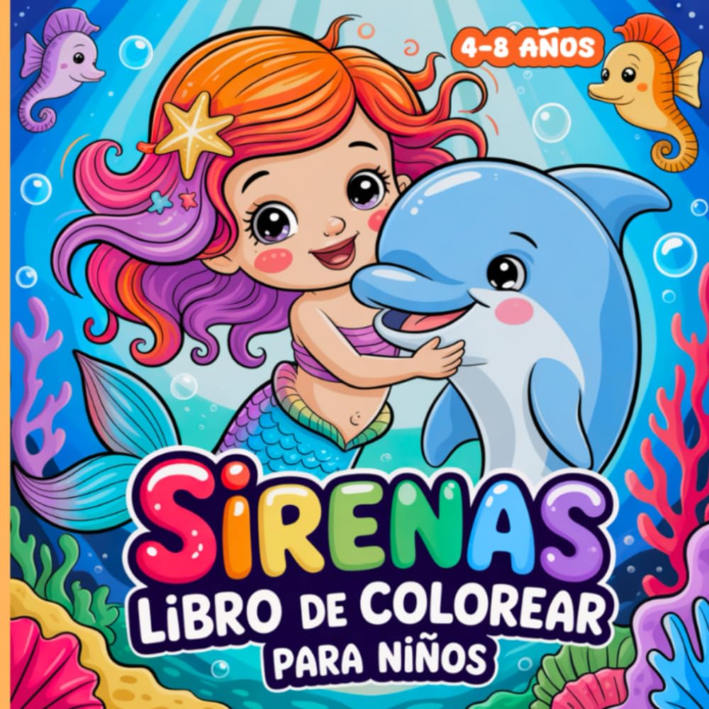 Sirenas Libro de Colorear para Niños de 4 a 8 Años: 50 páginas para colorear mágicas con simpáticas sirenas y amigos del océano para niños de 4 a 8 años