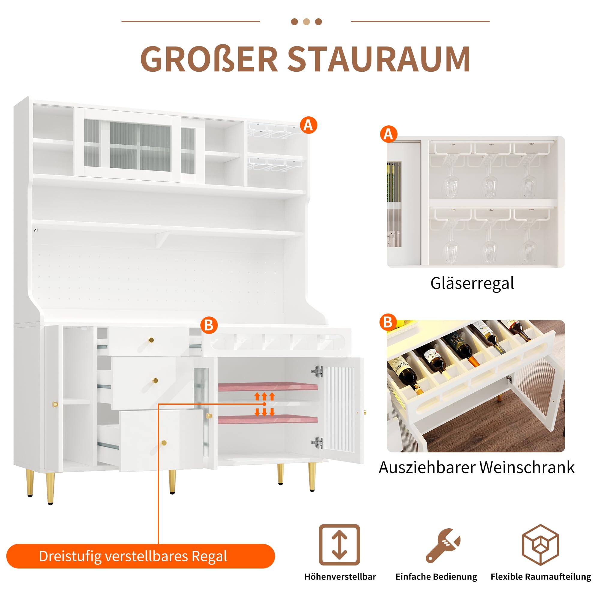 DRIXNO Hochschränke, Küchenschrank mit Arbeitsplatte, Buffetschrank, Schränke mit LED-Beleuchtung, Schublade mit Weinregal, Großer Stauraum, Küche, Wohnzimmer, Esszimmer, 145x39x171 cm, Weiß
