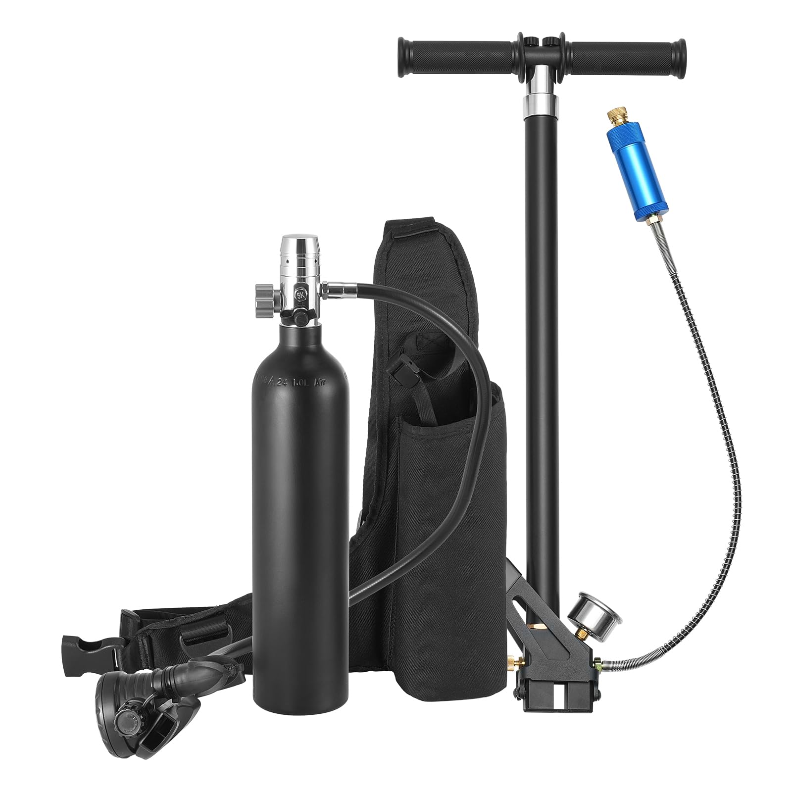 VEVOR Bombola Subacquea Portatile, capacità del Cilindro 1 L Bombola di Ossigeno per Immersioni, Supporta 15 a 20 Minuti di Respirazione Subacquea, profondità di Immersione 30 m con Pompa, Nero