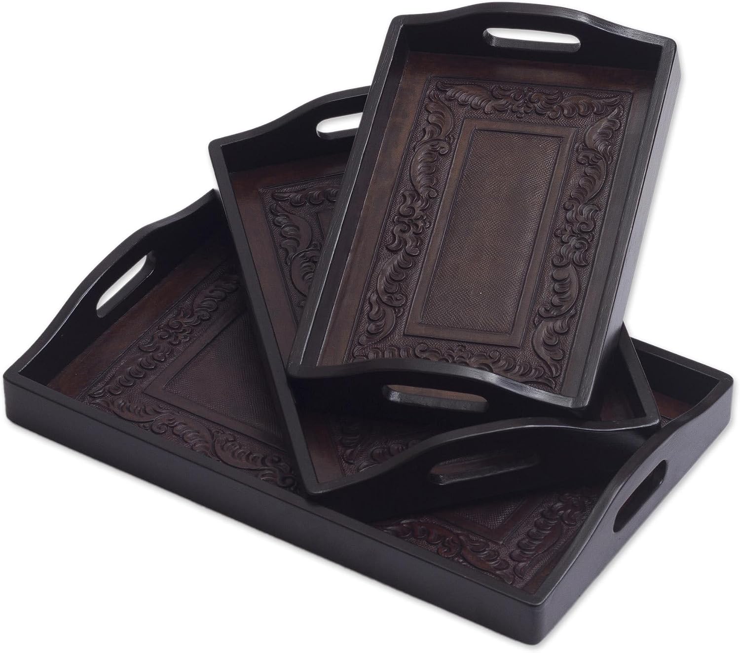 NOVICA Artisan Handmade Cedar Leather Trays Unique Wood Serving Set of 3 Brown Leatherwood Peru Tableware Serveware Hacienda [2.4in H x 15.75in W x 10.25in D 2.4in H x 13.5in W x 9in D 2.4in H x 12.2]