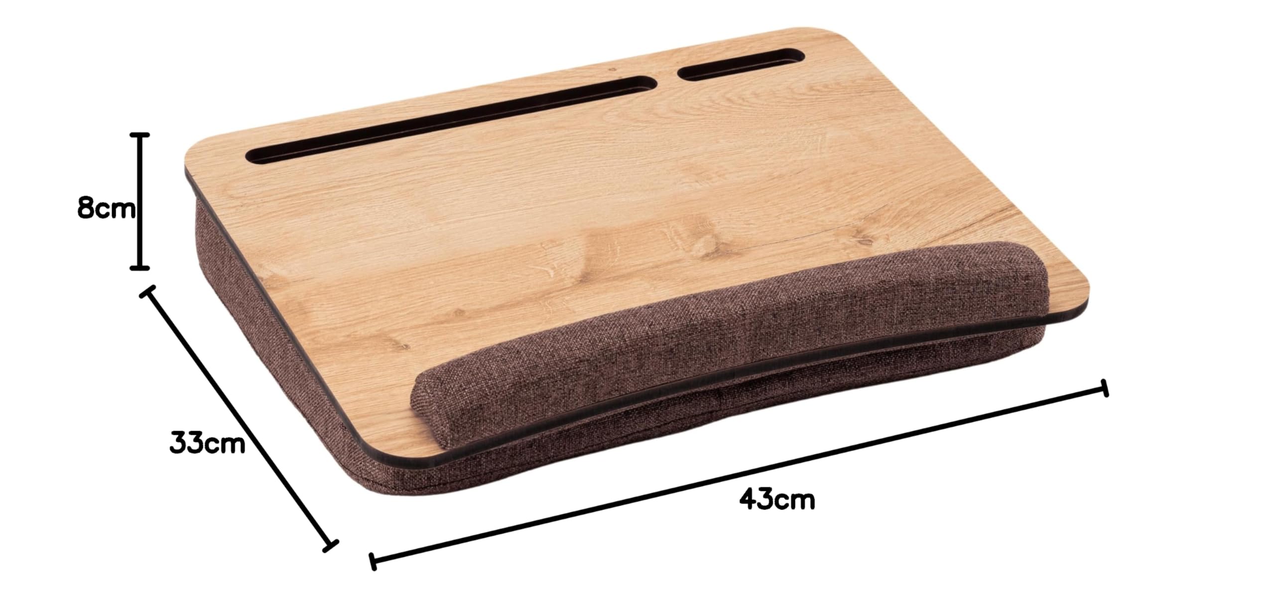 Vigo Wood Scrivania Portatile su Grembo con Cuscino,Vassoio Morbido da Divano per Ufficio Domestico, Leggero e Portatile con Poggiapolso, Tablet fino a 15.6''e Supporto per Telefono (Rovere E Marrone)