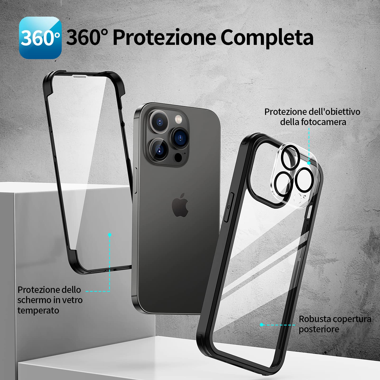 seacosmo Cover per iPhone 14 Pro, [9H HD] Integrata Vetro Temperato Schermo e Pellicola Fotocamera 360 Gradi Antiurto Custodia, Rugged Protezione Slim Case per iPhone 14 Pro, Nero
