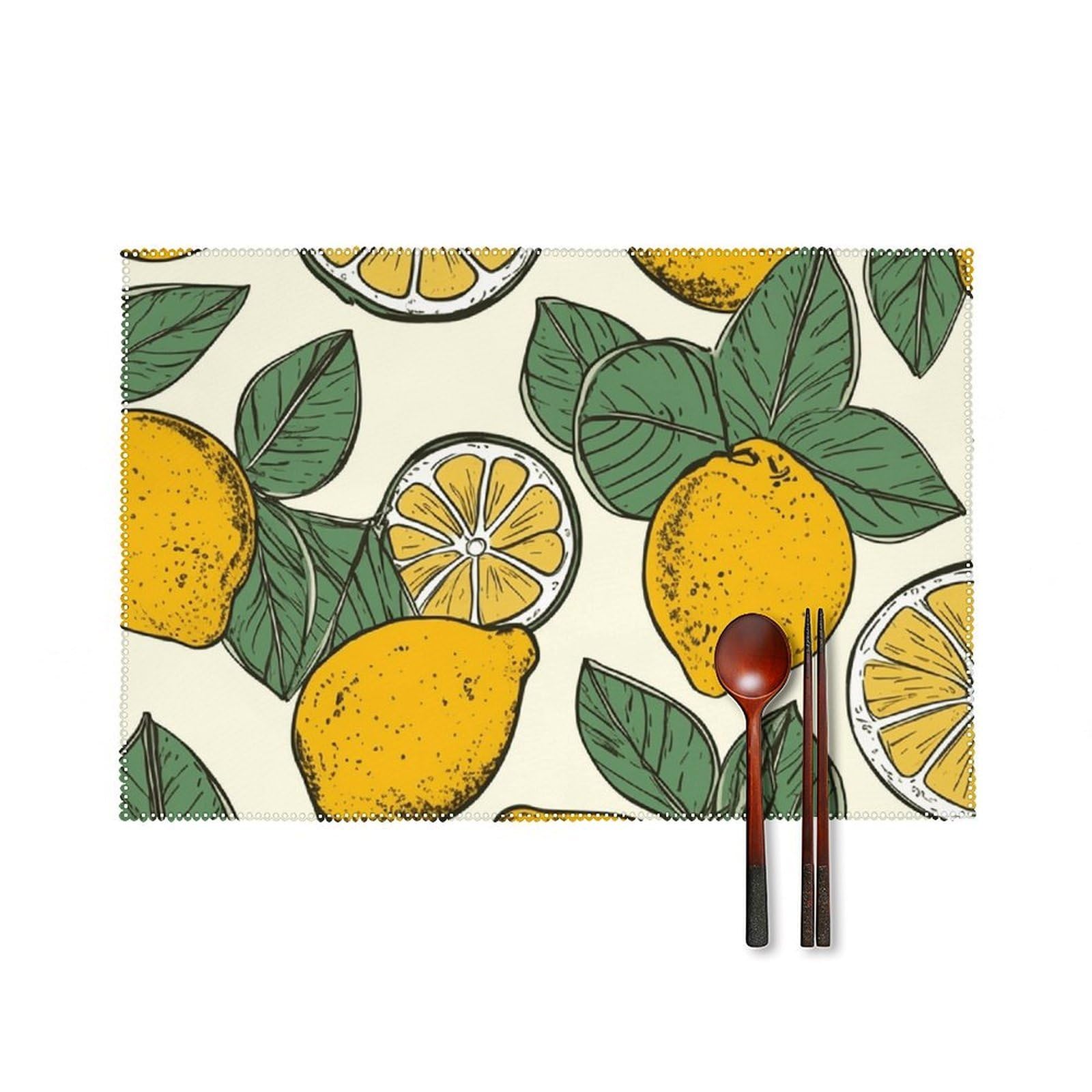 Lemon Fruit Pattern Placemats Set of 6, 12x18 Inch Heat Resistant Washable Canvas Table Mats, Stain Resistant Decorative Dining Placemats for Kitchen, Restaurant, Outdoor Party