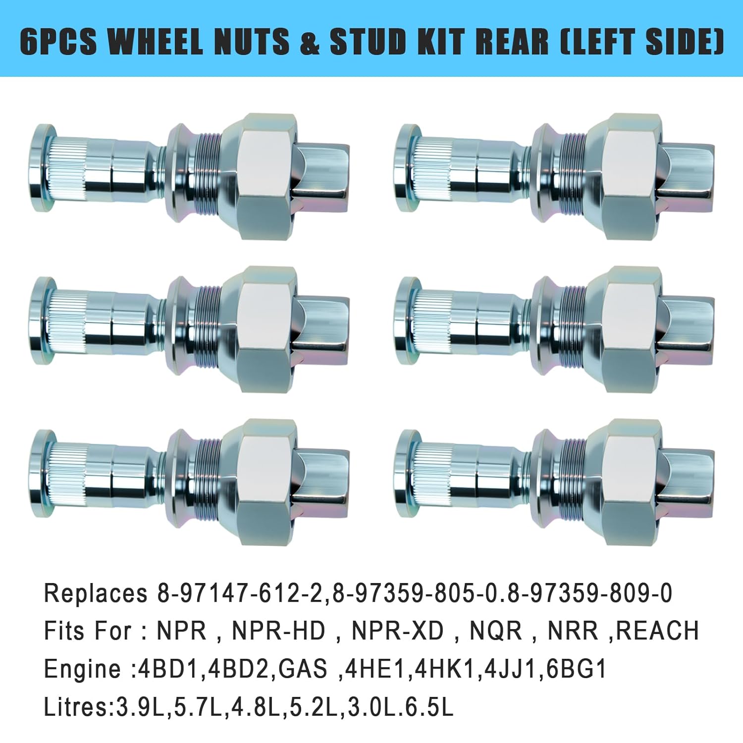 6-PC Wheel Nuts Stud Kit (Lh) for Isuzu NPR NPR-HD NQR NRR Reach 1998-2021- Replaces 8-97147-614-2, 8-97359-810-0, 8-97359-806-0