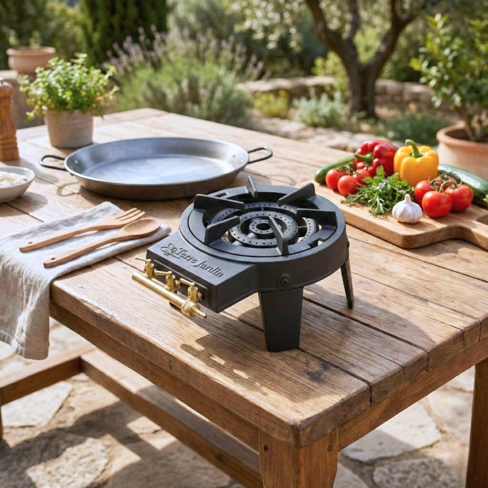 TERRE JARDIN Réchaud à Gaz 3 Feux Puissant en Fonte - Réchaud Camping Professionnel Triple Brûleur - Gazinière Extérieure pour Paëlla, Wok et Cuisine Outdoor