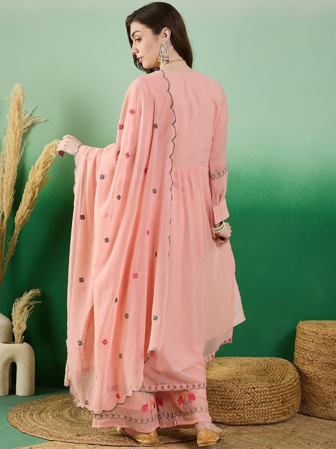 Fashion Basket Georgette Straight Floral Plazzo Kurta Set Peach