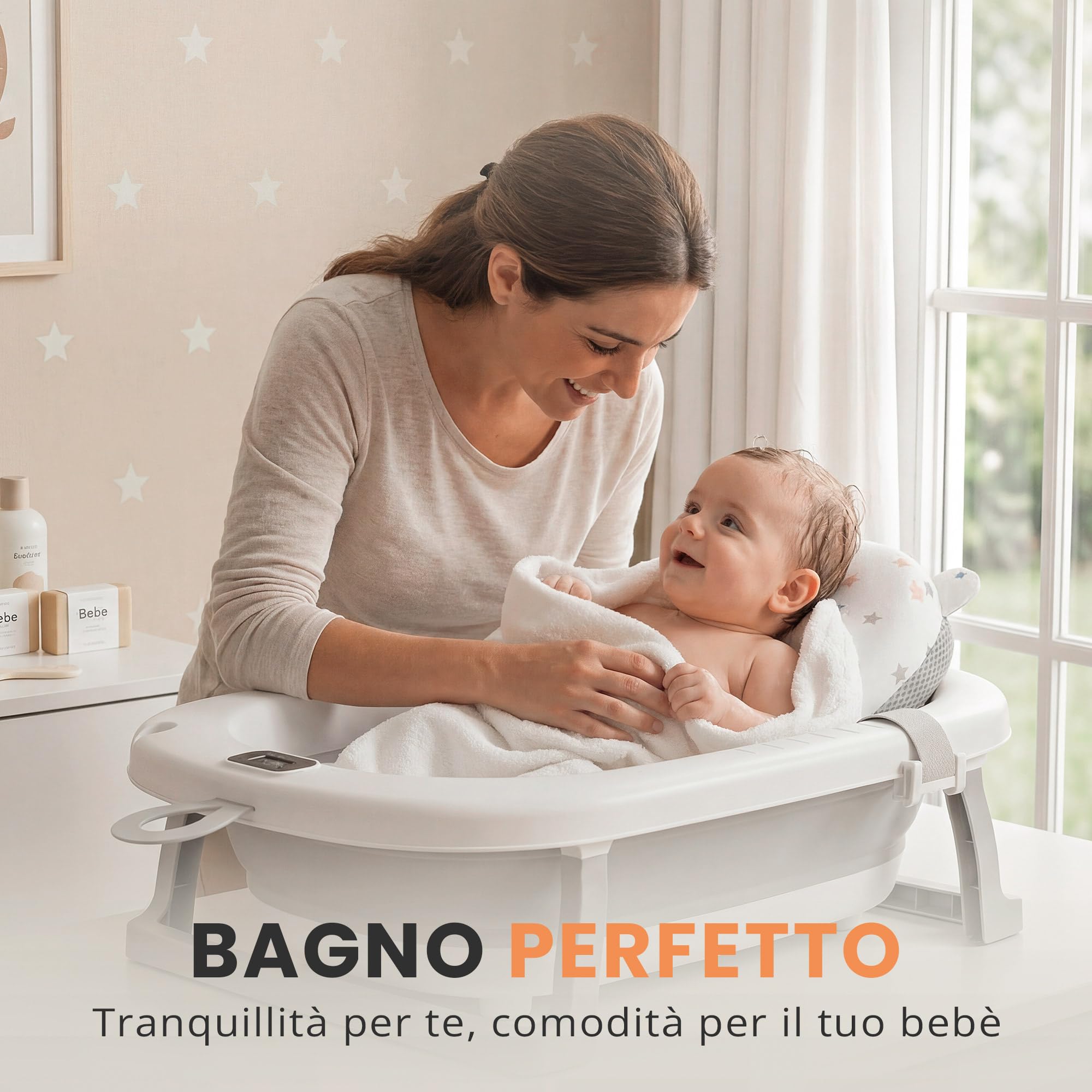 JUPPLIES Vaschetta Bagnetto Neonato Pieghevole con Cuscino Ergonomico e Termometro Digitale – Vasca Bagnetto Neonato Salvaspazio Antiscivolo – Facile da Riporre (75x45x20 cm - Grigio)