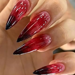 24 Pcs Halloween Nails - Long Almond Fake Nails, Black & Red Gradation, Blood Designs, Artificial Acrylic, Full Cover Glossy Glue on Nails for Women & Girls