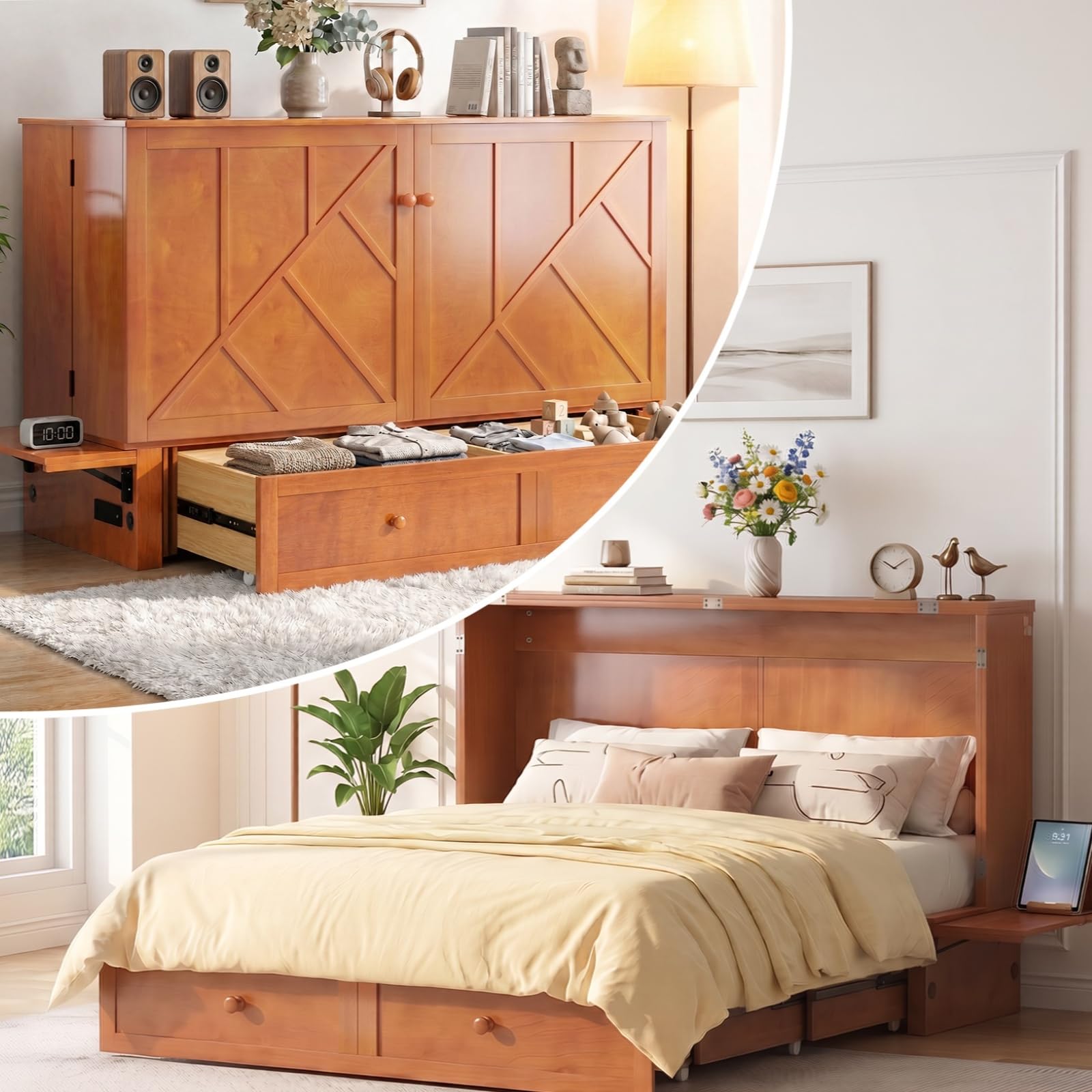 Mjkone Queen Murphy Bed Cabinet Cherry