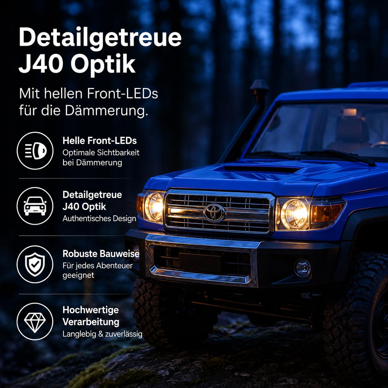 Coche teledirigido resistente 1:12 – Toyota Land Cruiser Pro RC Auto 4WD para exteriores con sistema de iluminación LED, 30 minutos de tiempo de conducción, vehículo todoterreno, coche