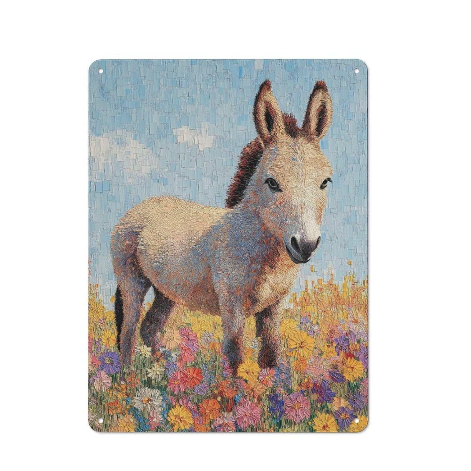 Junmoney Style-21 Loft Style Metal Wall Art Sign 40X30cm Featuring Donkey In A Field Of Flowers, Urban Room Decor For Loft, Studio, Office Or Creative Room