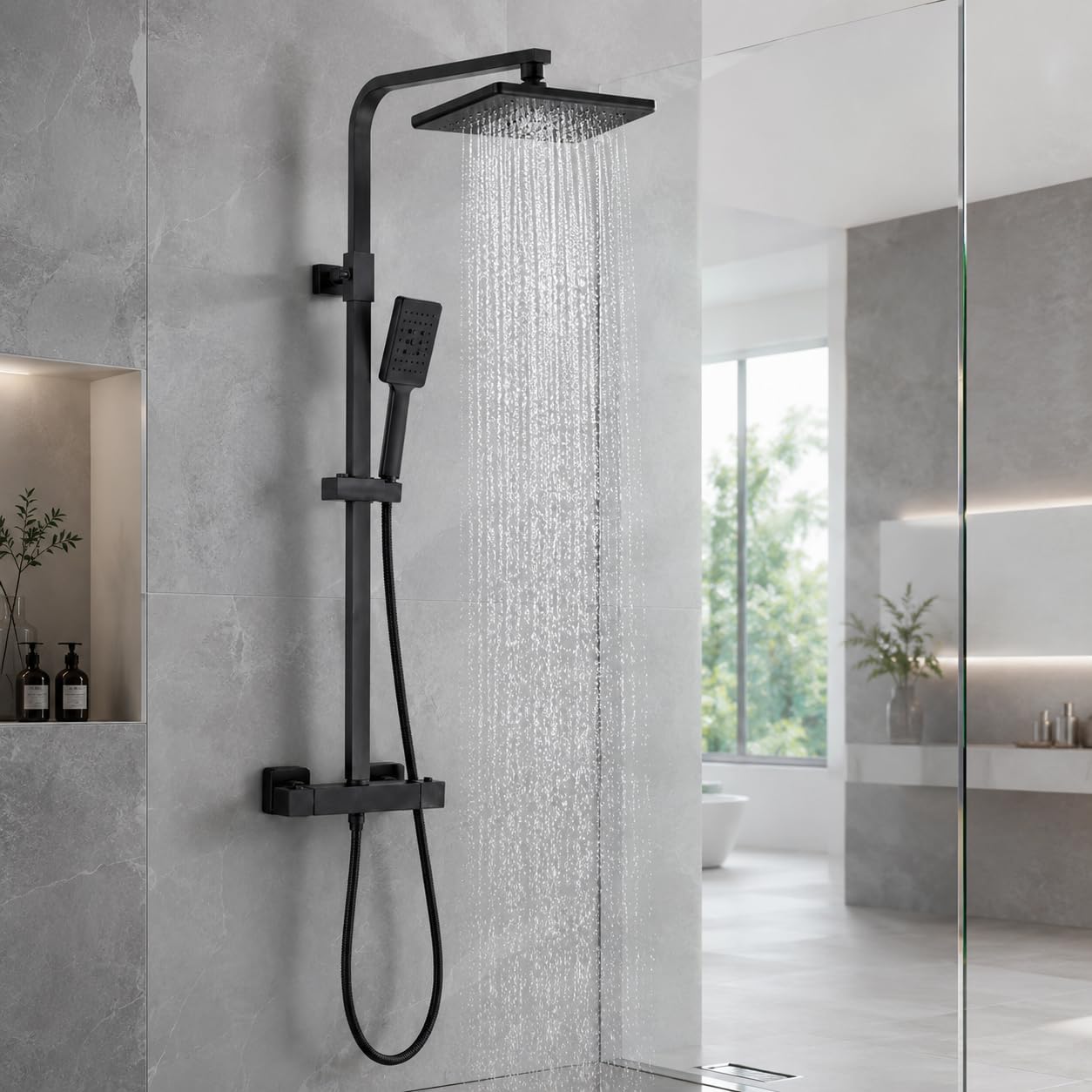 Columna de ducha termostática negra, conjunto de ducha de lluvia con mezclador termostático, ducha de mano y barra ajustable, sistema de ducha de pared para cuarto de baño hotel