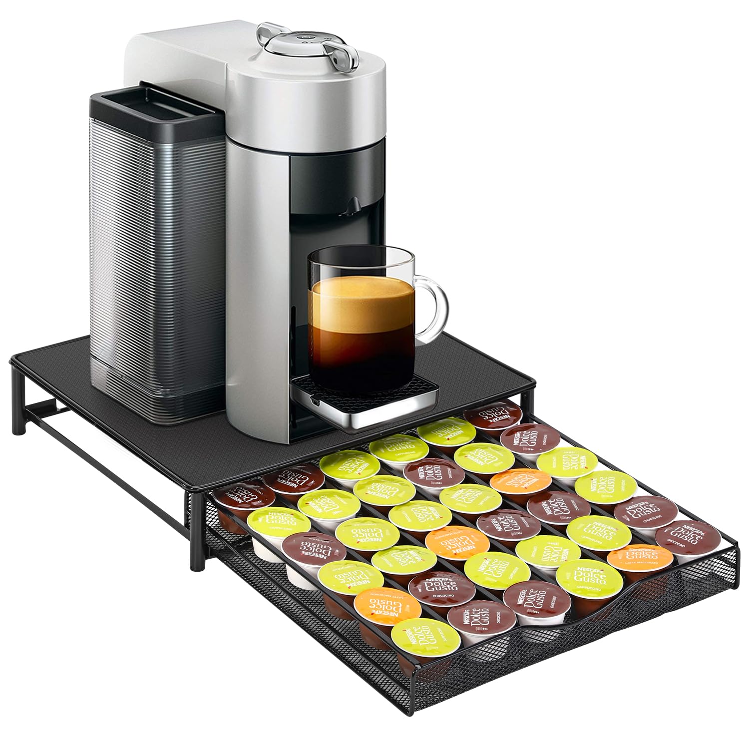 Vinsani 36-Capsule Coffee Pod Storage with Sliding Drawer - Non-Slip Surface Stackable Holder Organiser Box Machine Stand Tray for Dolce Gusto Pods - Black