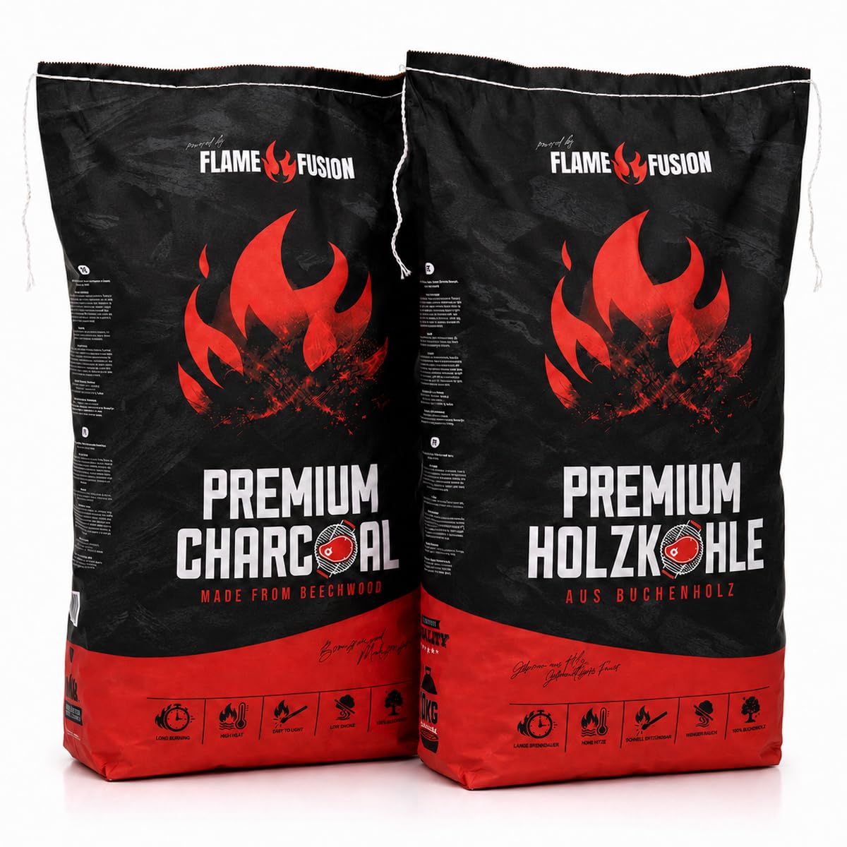 Premium Holzkohle 20 kg aus Buchenholz in Restaurant-Qualität - 2 Säcke (2X 10 kg) Grillkohle Buche extra große Stücke Lange Brenndauer hohe Hitze für BBQ und Holzkohlegrill