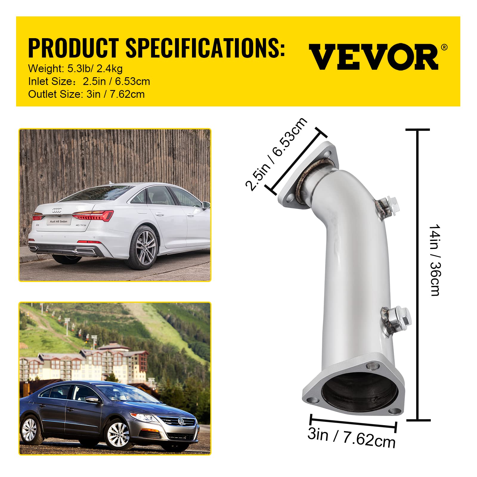 VEVOR Hochleistungs-Downpipe Auspuff-Konverter-Rohr Passend für 97-05 Audi A4 B5 B6/Passat 1.8T, bis zu 10-15 PS, turboaufgeladene 1.8L/1.8T I4 DOHC-Motoren