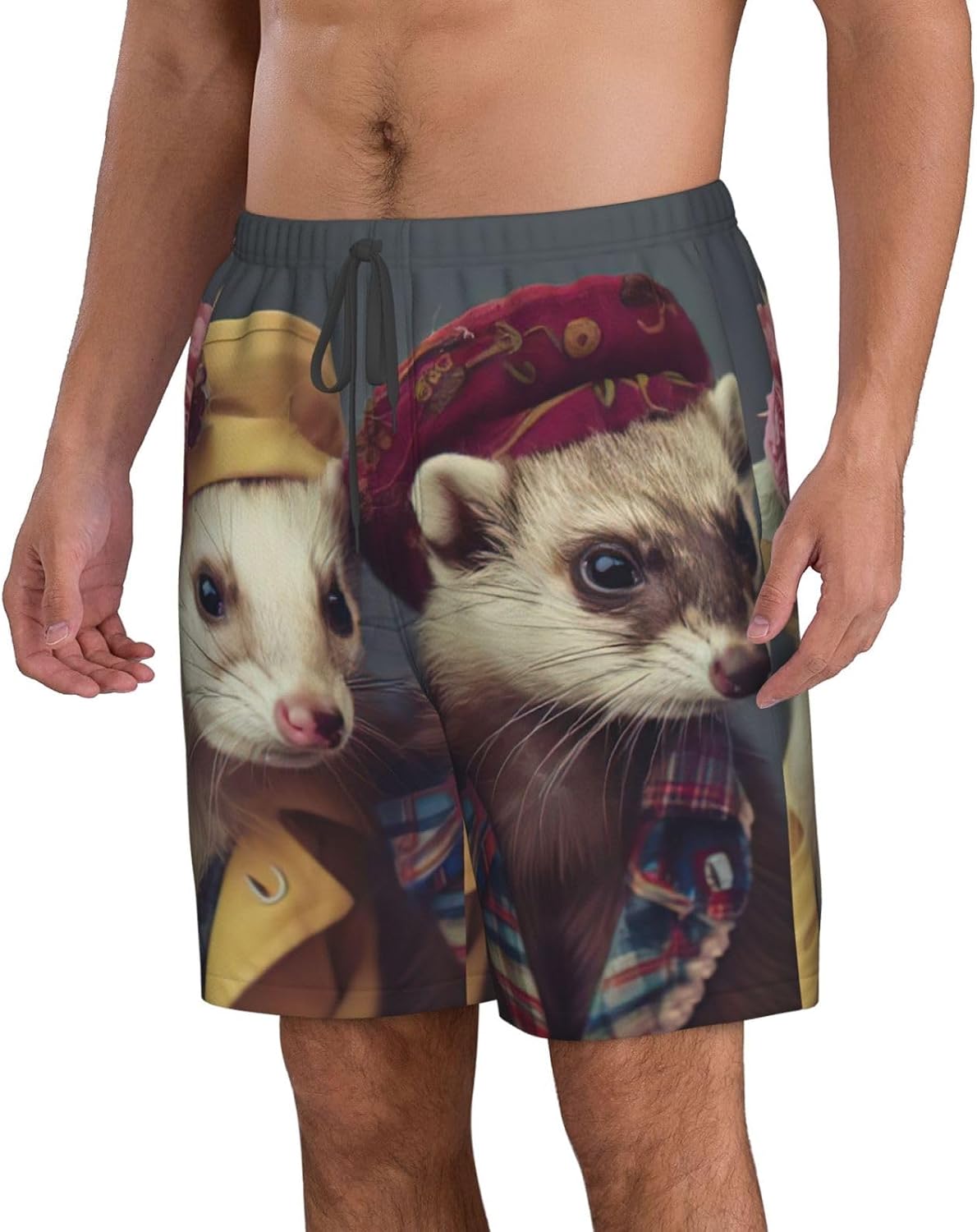 Mens French Fashion Model Ferrets Print Beach Shorts,Casual Summer Shorts for Men,Quick Dry Polyester