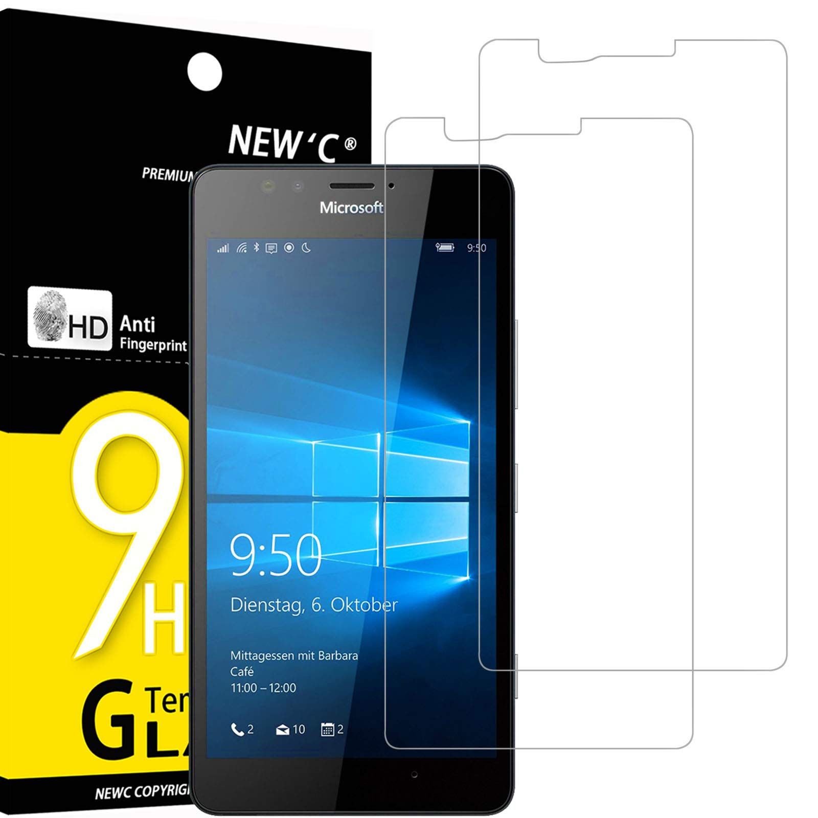NEW'C Pack of 2, Glass Screen Protector for Nokia Microsoft Lumia 950, Anti-Scratch, Anti-Fingerprints, Bubble-Free, 9H Hardness, 0.33mm Ultra Transparent, Ultra Resistant Tempered Glass