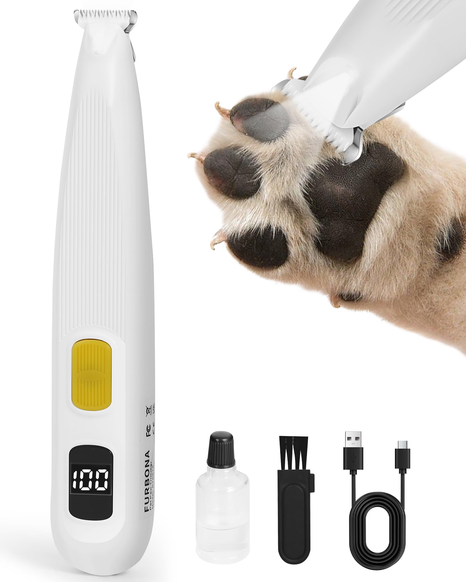 FURBONA Upgraded Dog Paw Trimmer with Digital LED Display & Enhanced Lighting, Cordless 18mm Blade Clippers, 2-Speed