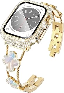 Four-Leaf Clover Band for Apple Watch Band 40mm with Full Diamond Protective Case Built-in Tempered Glass Screen Protector for Gold Apple Band Series SE 6 5 4 for WomenProtector(40mm, Gold/Iridescent)
