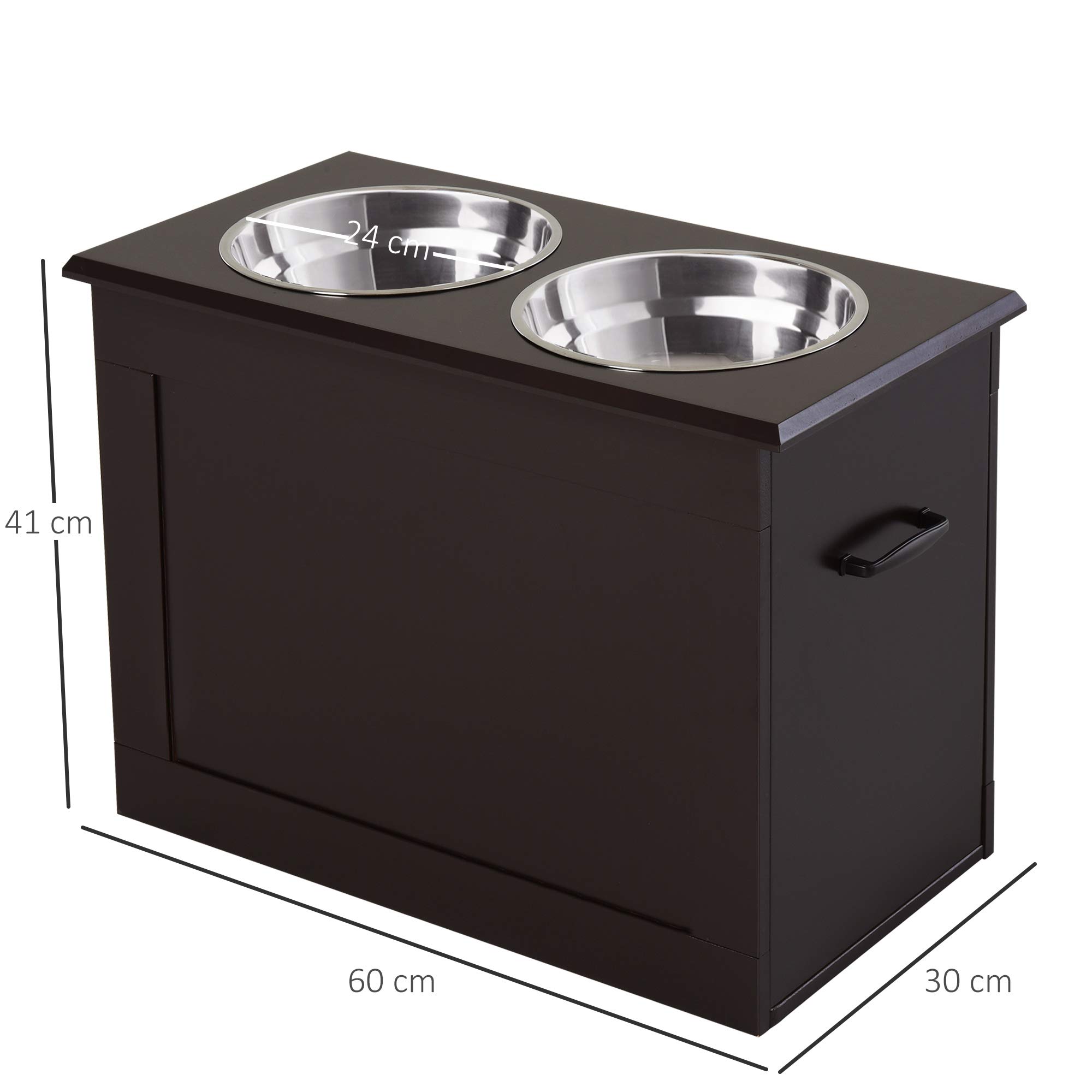 PawHut Ciotole Rialzate per Cani Grandi, Supporto Portaciotole in MDF con 2 Ciotole in Acciaio Inox, 60x30x41 cm, Marrone