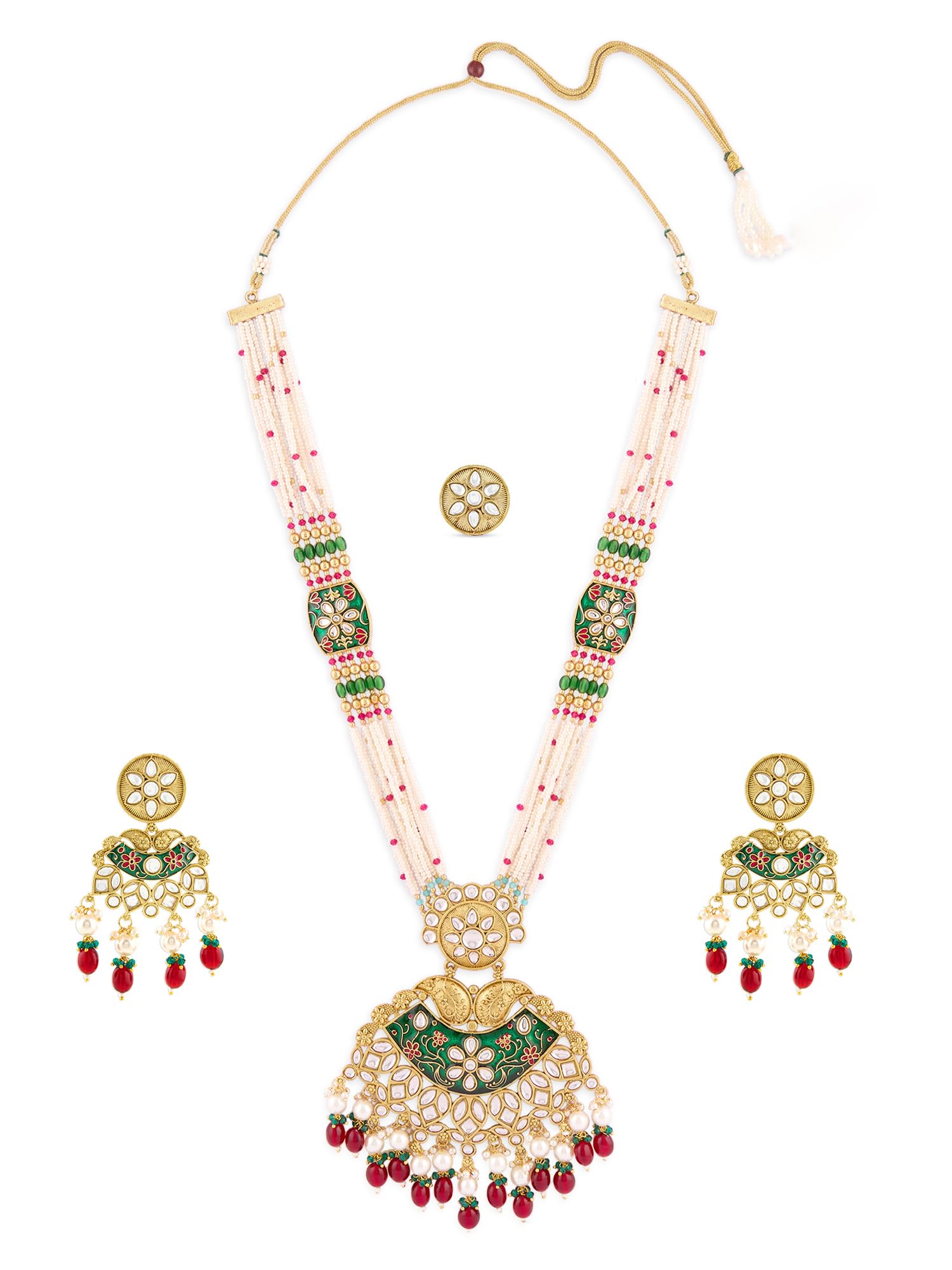 ZAVERI PEARLS Green Pink Meenakari Multistrand Beaded Bridal Kundan Long Necklace Earring & Ring Set For Women-ZPFK17586 (B0CWV4VXQK) Amazon Price History, Amazon Price Tracker