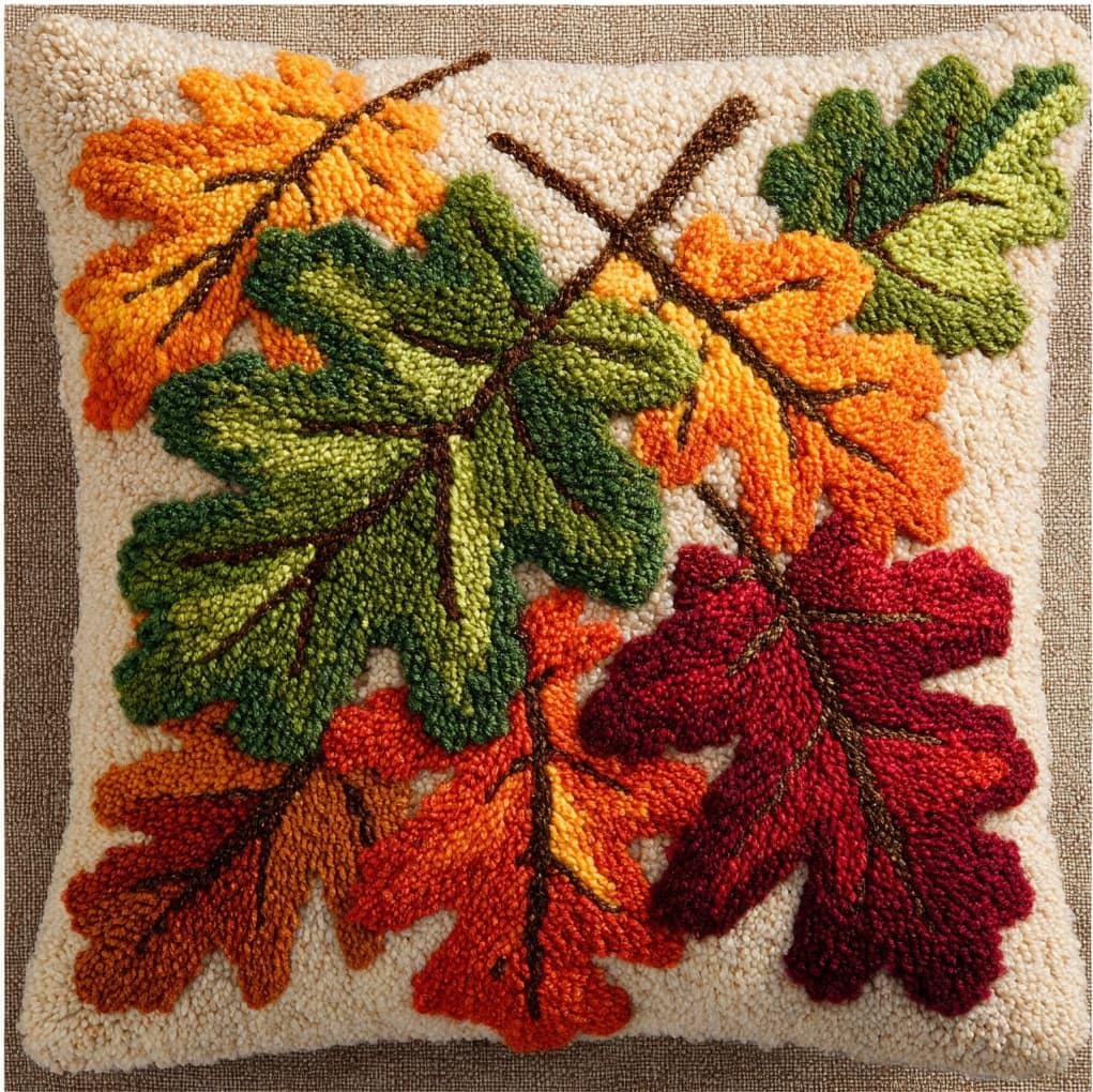 WallustrioaW DIY Latch Hook Kits for Adults,Oak Leaves,Pillow Cover Kit Needlework Cushion Cover Hand Craft Crochet for Home Sofa Decorations,17x17in