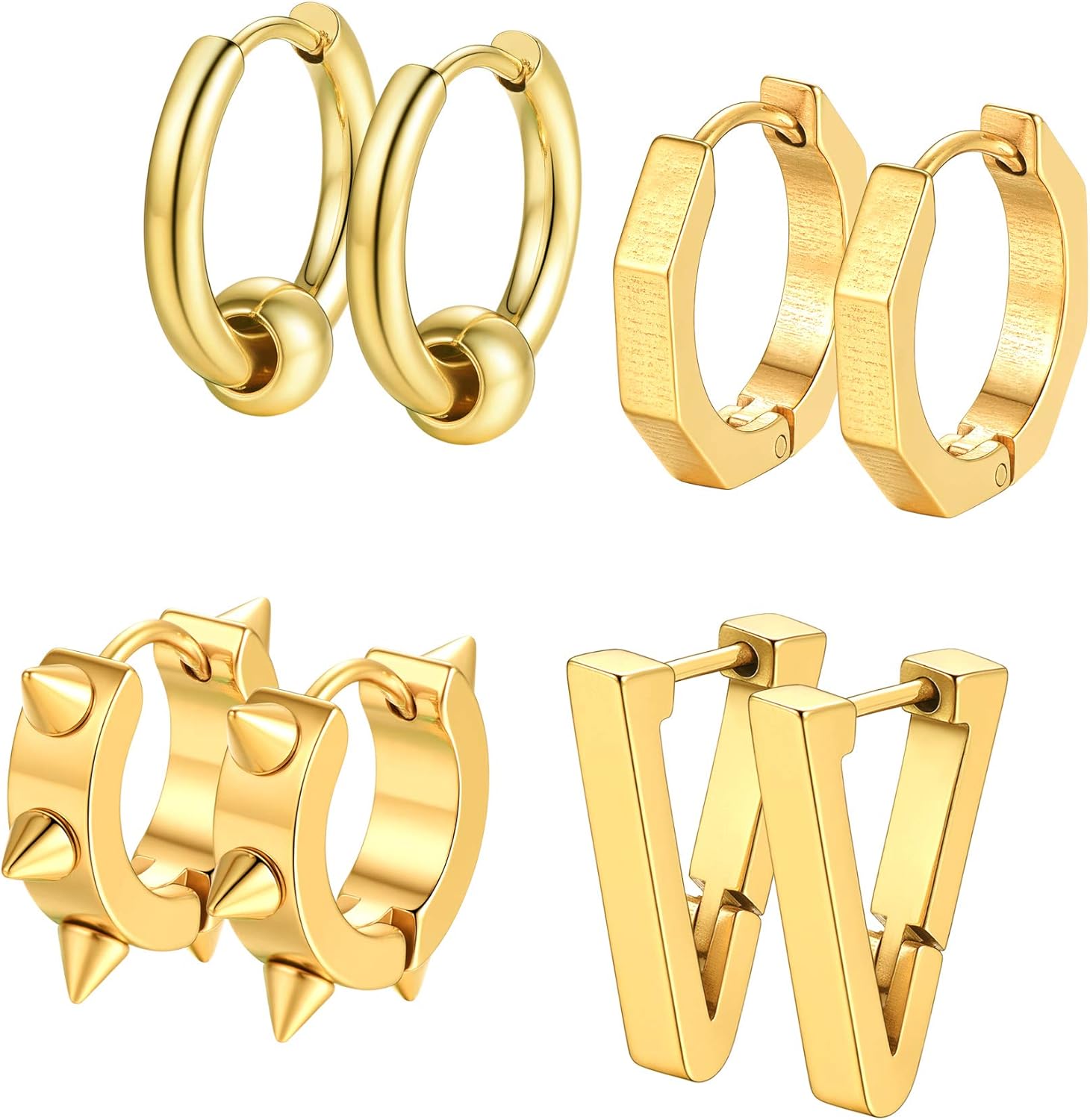 Geometric Earrings for Men Stainless Steel Spike Earring Statement Triangle Round Small Hoop Huggie Punk Jewelry(Wrapped)