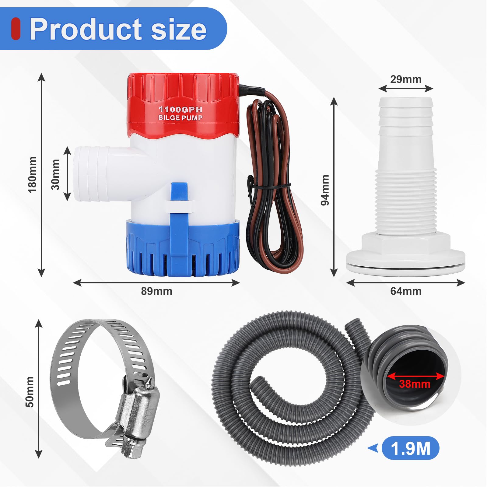 CPROSP Pompe de Cale 12V 1100GPH avec φ29mm Tuyau avec 1x 1,88M Tuyau Gris & 2 Colliers de Serrage Pompe à Eau Silencieuse pour Caravane, Camping-car, Bateau de Pêche, Petite Piscine et Fontaines