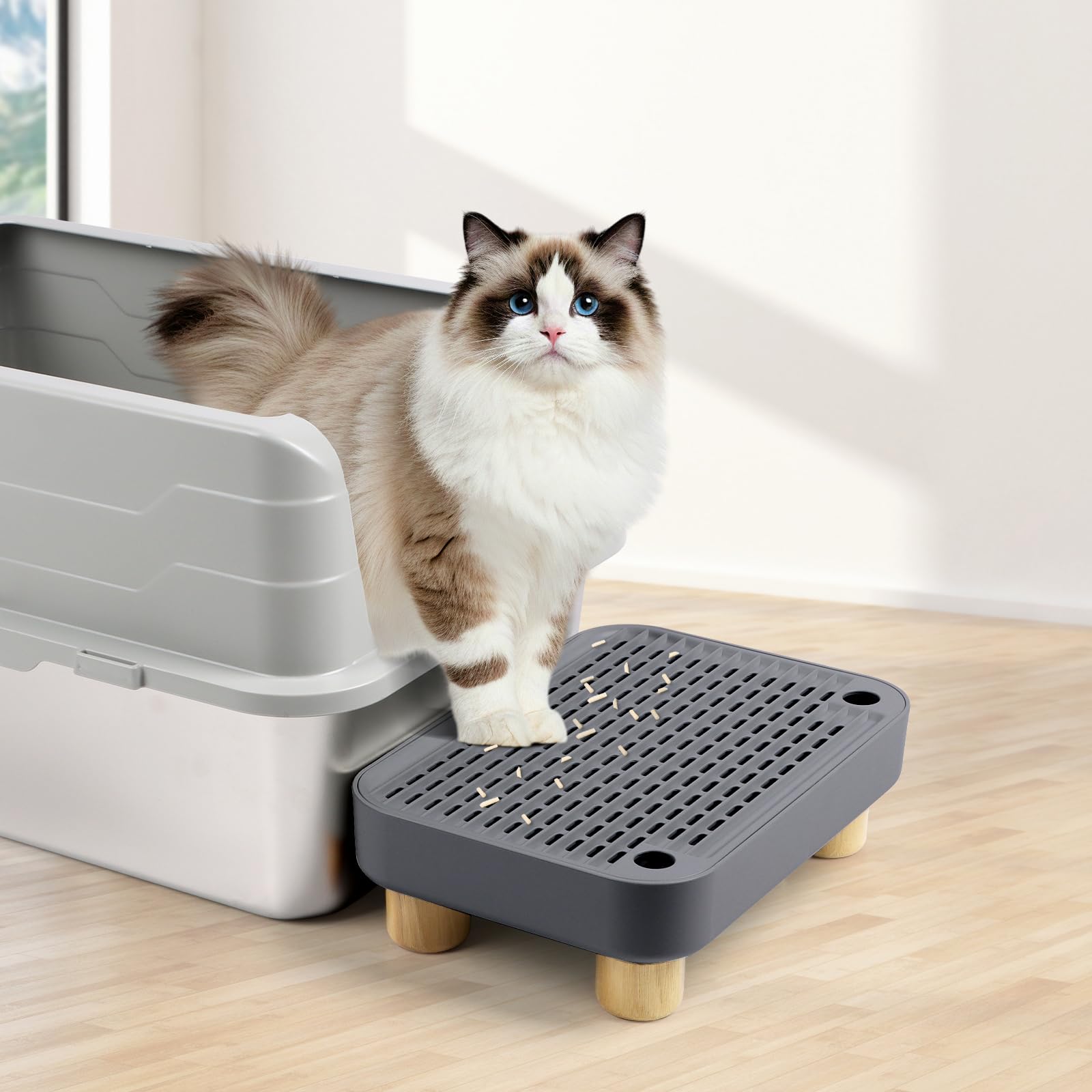 Erhöhte Katzenklo-Rampe, Katzentreppe mit Holzfüßen, Katzenstreu-Filterpedal für automatische selbstreinigende Roboter-Katzentoilette, ideal für Kätzchen und ältere Katzen(Dunkelgrau)