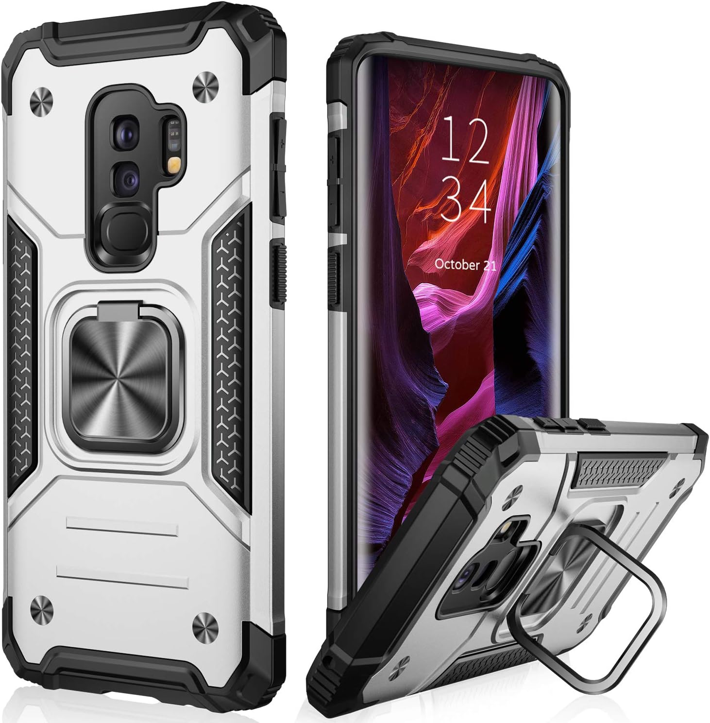 IKAZZ for Galaxy S9 Plus Case,Dual Layer Soft Flexible TPU and Hard PC Anti-Slip Full-Body Rugged Protective Phone Case with Magnetic Kickstand for Samsung Galaxy S9 Plus Silver