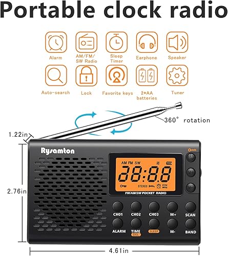 Miniatura 2 de Radio portátil AMFMonda corta, radios de bolsillo con pilas, pantalla digital grande, radio reloj con alarma y función de sueño, auriculares