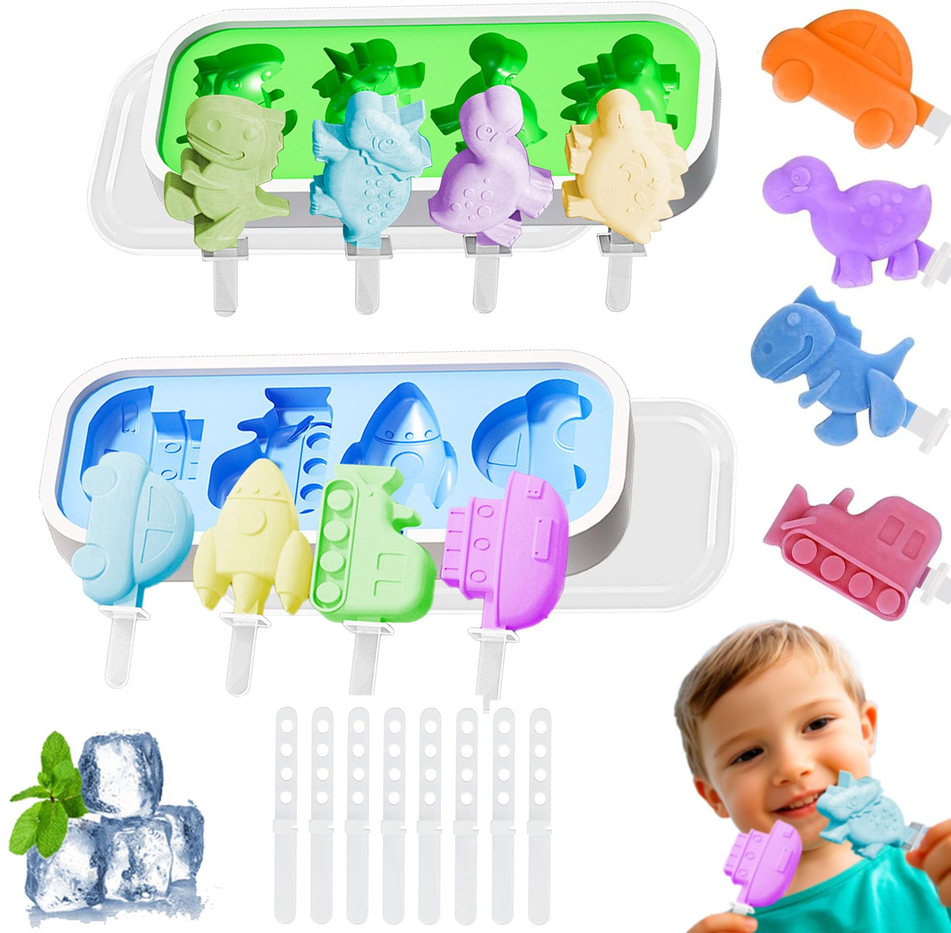 Moldes de silicona para helados, 2 moldes para helados con 12 palos, juego de paletas para niños y adultos, sin BPA, dinosaurios de silicona y moldes para coche, adecuados para bricolaje