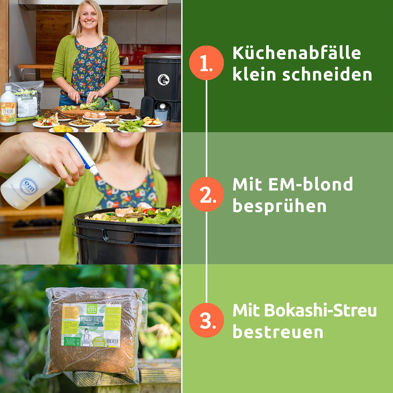 Bokashi Komposteimer Küche 2er Set [Geruchsdicht] 2 x 19 L Volumen, Küchenabfalleimer, Komposter mit Zubehör 1 L EM + 1 Kg Bokashi Ferment für Küchenabfall & Kompostieren | Biomülleimer