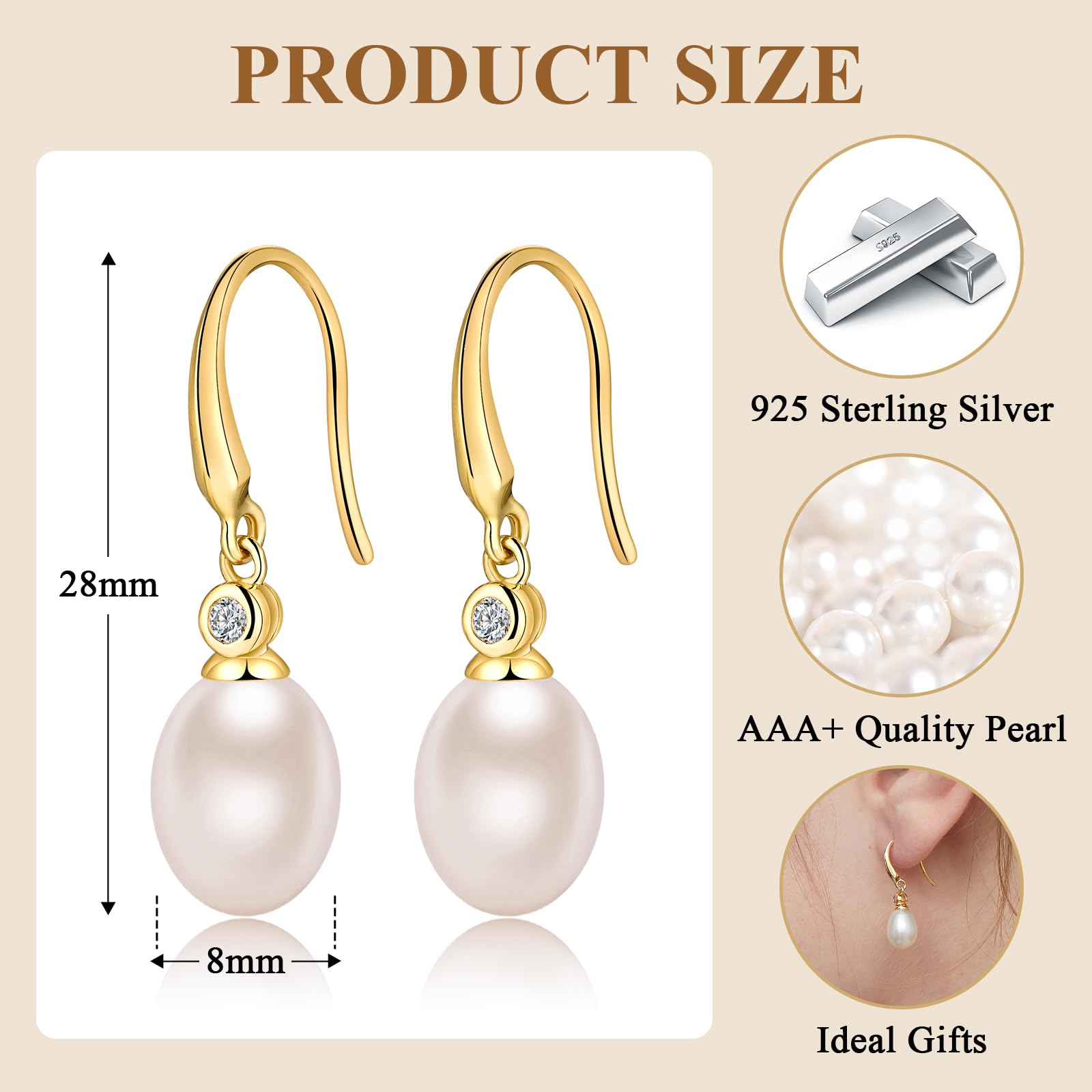 18 Karat Weiß Vergoldet Perlen Ohrringe Damen 10MM Süßwasserperlen 925 Sterling Silber Schmuck Geschenk für Damen