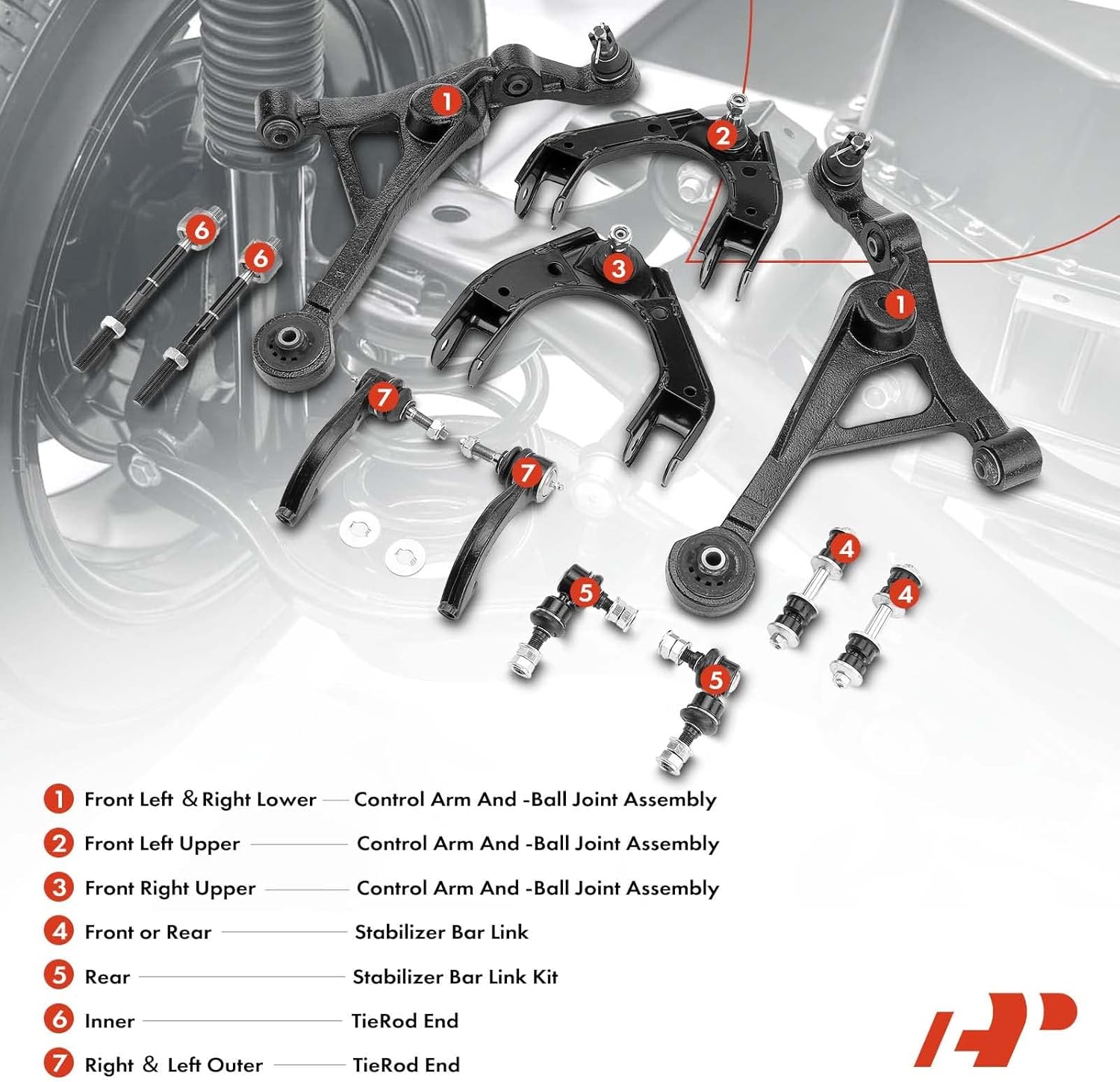 A-Premium Set of 12, Front Upper & Lower Control Arm, Inner & Outer Tie Rod End, Front & Rear Sway Bar Link, Compatible with 1995-2006 - Chrysler Sebring, Cirrus, Dodge Stratus, Plymouth Breeze