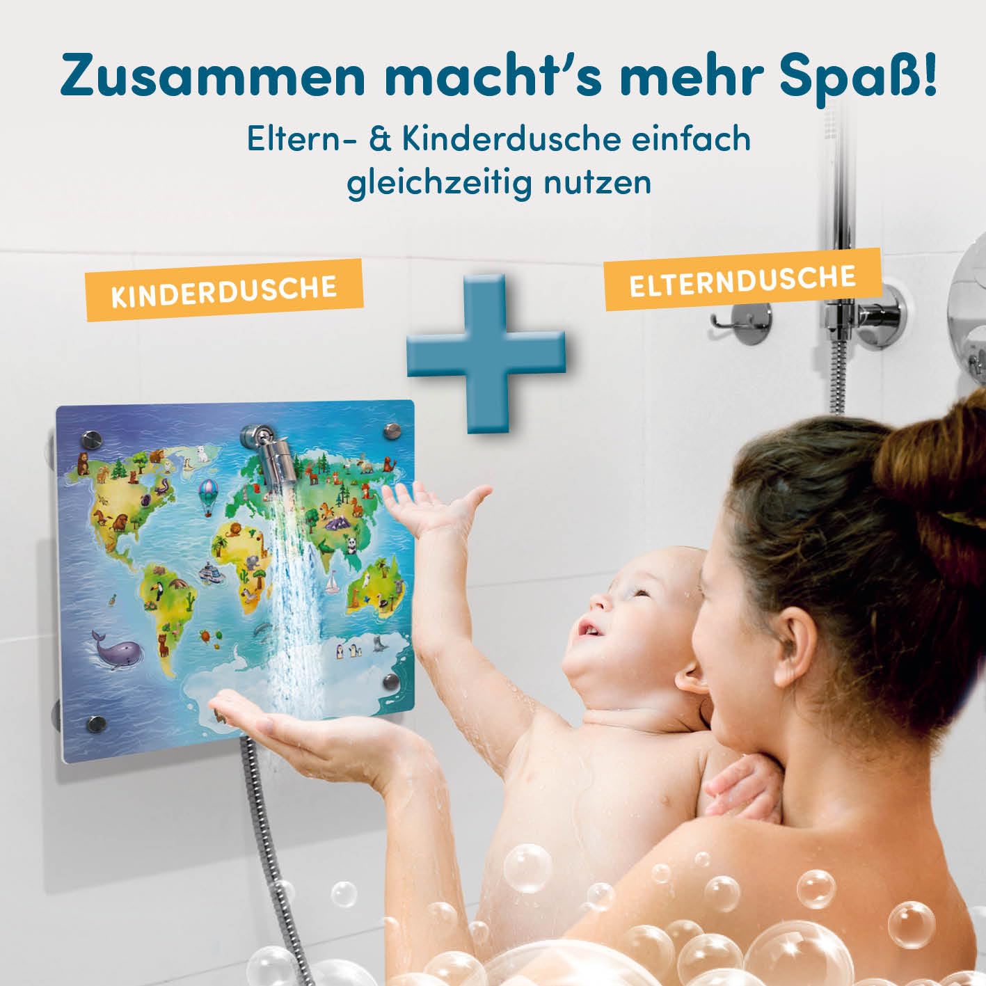 fredis Kinder-Dusche Motiv 'Weltkarte' | Spielerische Wasserabenteuer für Kinder, Montage ohne Bohren, Motiv-Platte mit Duschkopf, Schlauch & 2 Strahlarten | Fördert Selbstständigkeit und Spaß