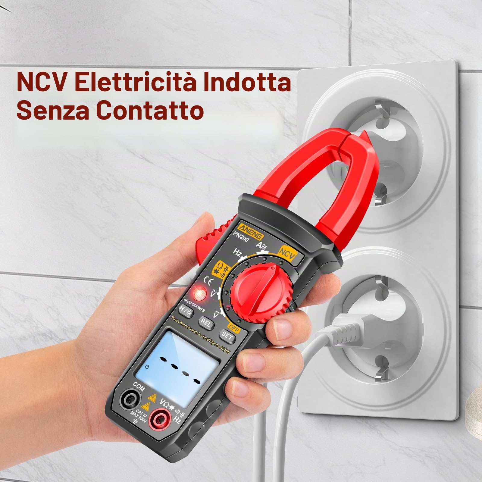 ANENG Multimetro Pinza Amperomtrica PN200,Con Range Automatico TRMS Da 4000 Conteggi Con Strumento Di Rilevamento Della Tensione Senza Contatto,Corrente AC/DC,Tensione,Resistenza,Capacità, Continutà